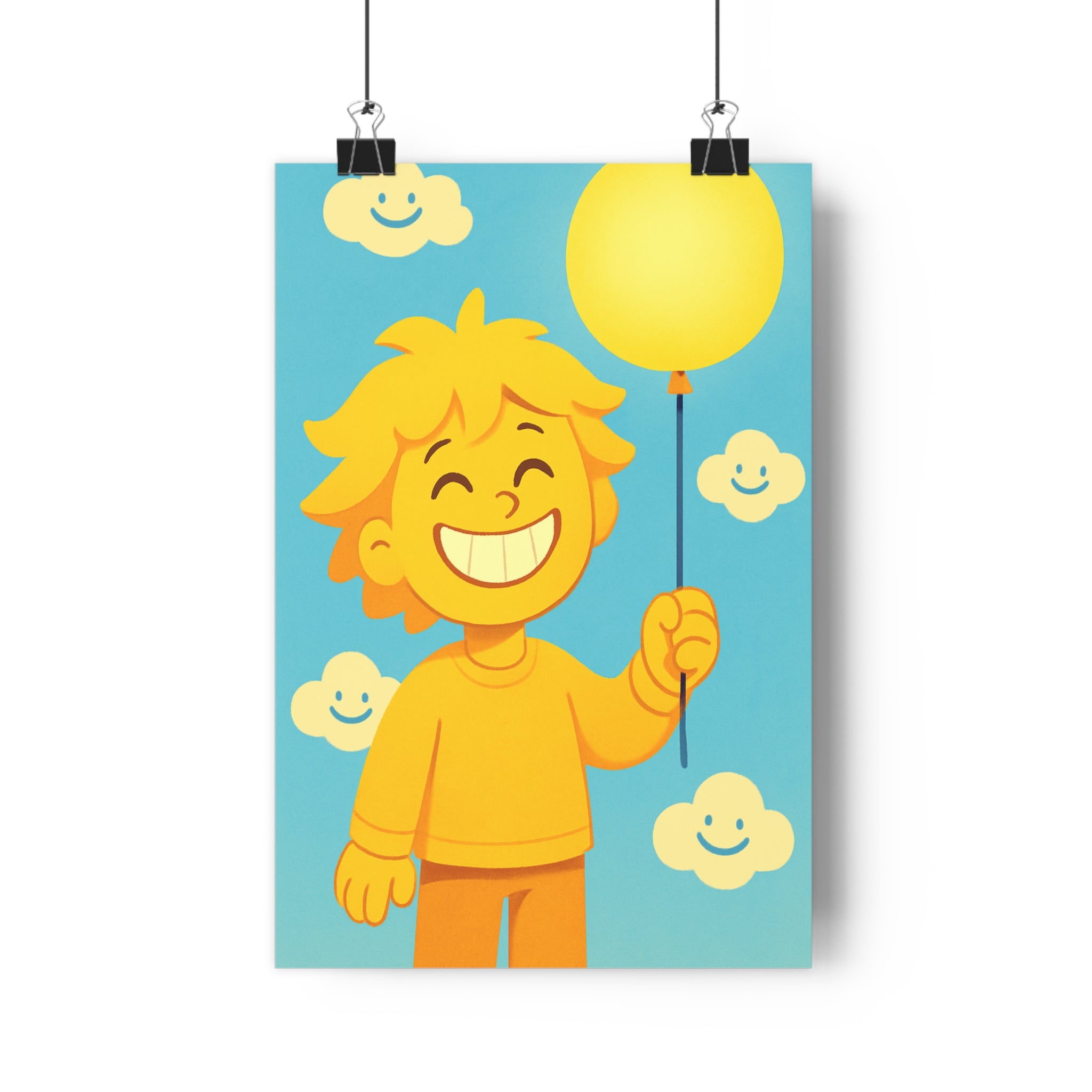 Poster décoratif enfant jaune bleu pastel cartoon joyeux nuages souriants chambre bureau 30x46 cm