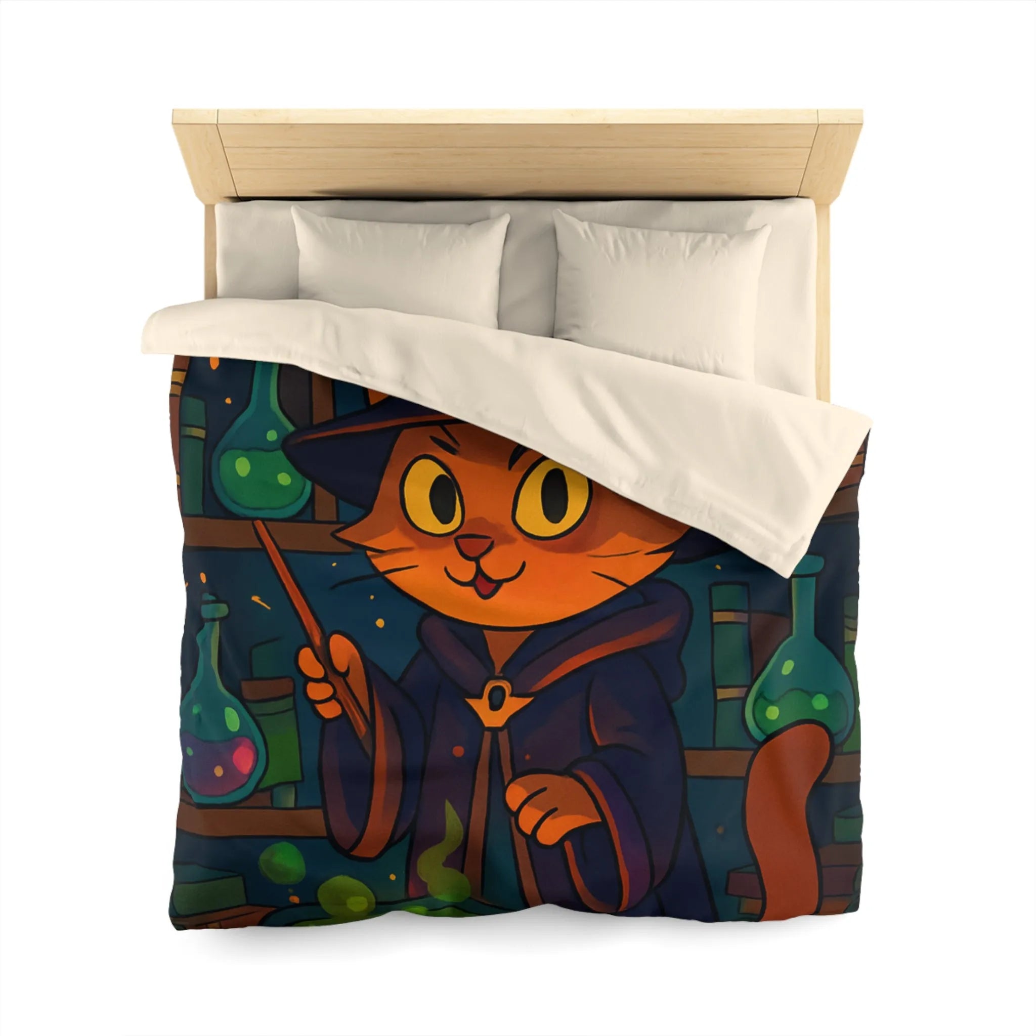 Housse de couette magique avec chat sorcier, chaudron et bibliothèque alchimiste enchanteresse