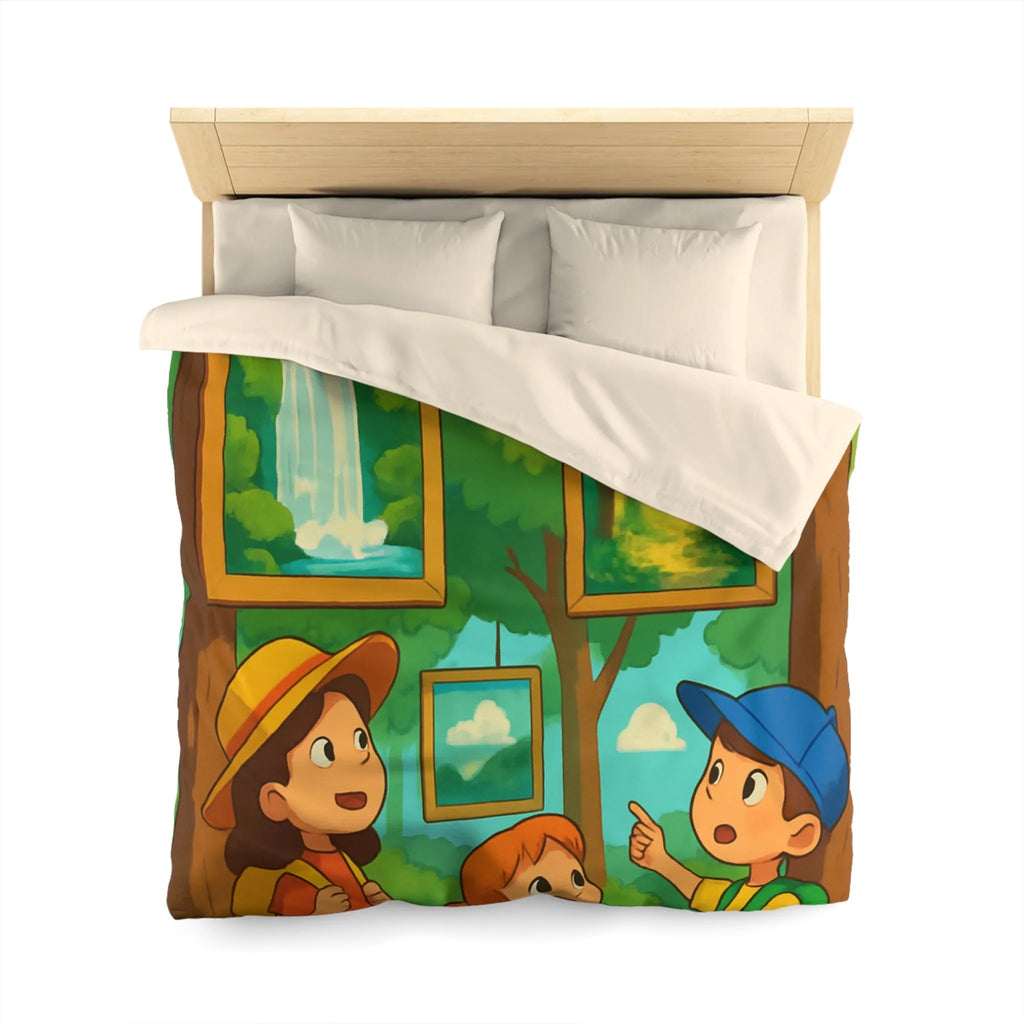 Housse de couette enfantine avec scène de forêt, cascades et exploration nature féérique