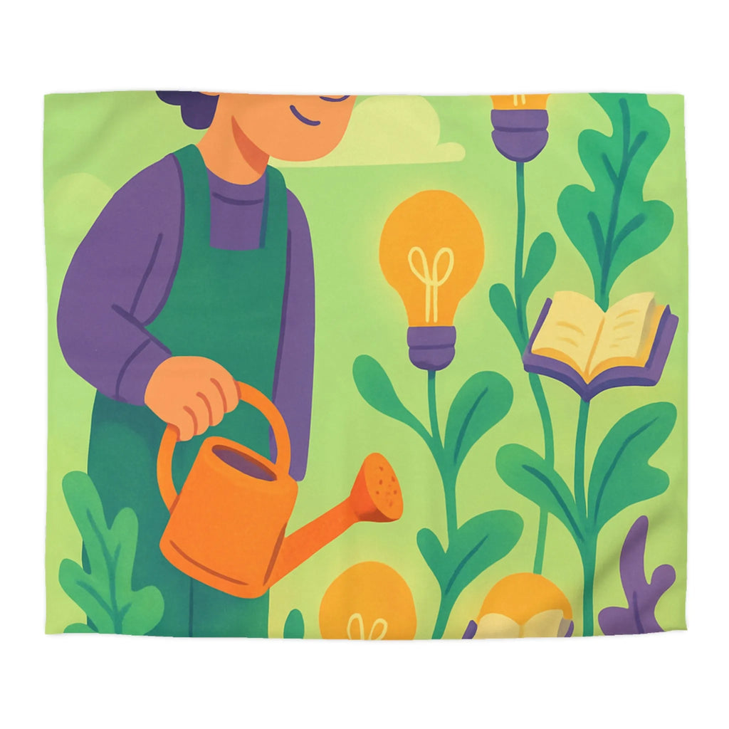 Housse de couette colorée avec jardinier arrosant plantes livres et ampoules