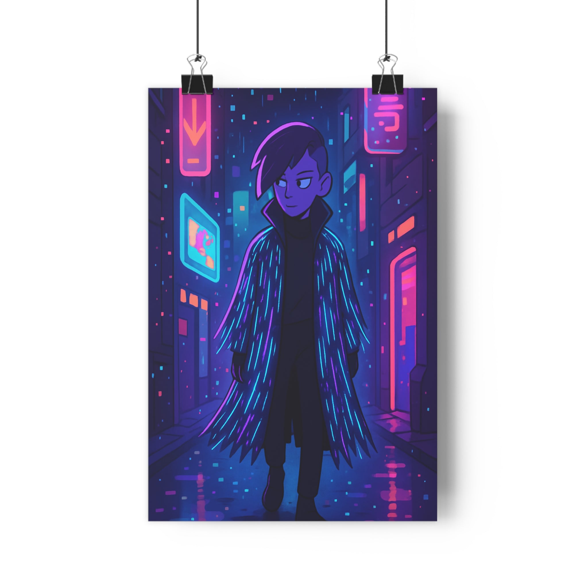 Poster décoratif futuriste néon bleu violet moderne mystérieux ruelle bureau art contemporain 30x46 qualité