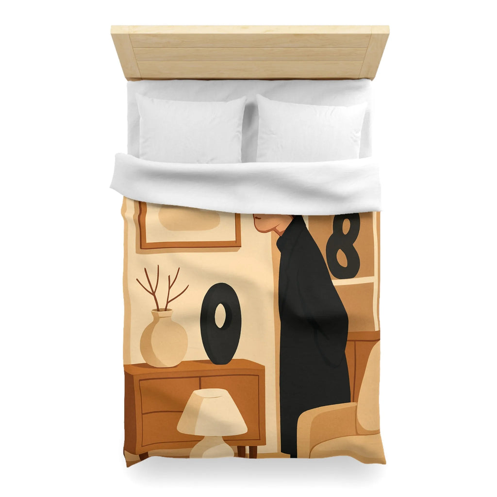 Élégant homme en noir dans salon moderne minimaliste aux accents artistiques abstraits