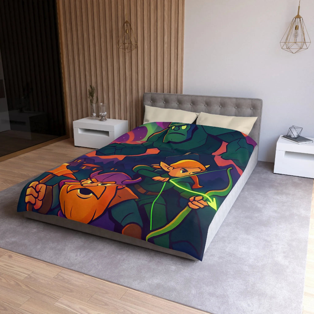 Housse de Couette Fantastique avec Guerrier, Archer et Golem sous Aurores Boréales Éclatantes