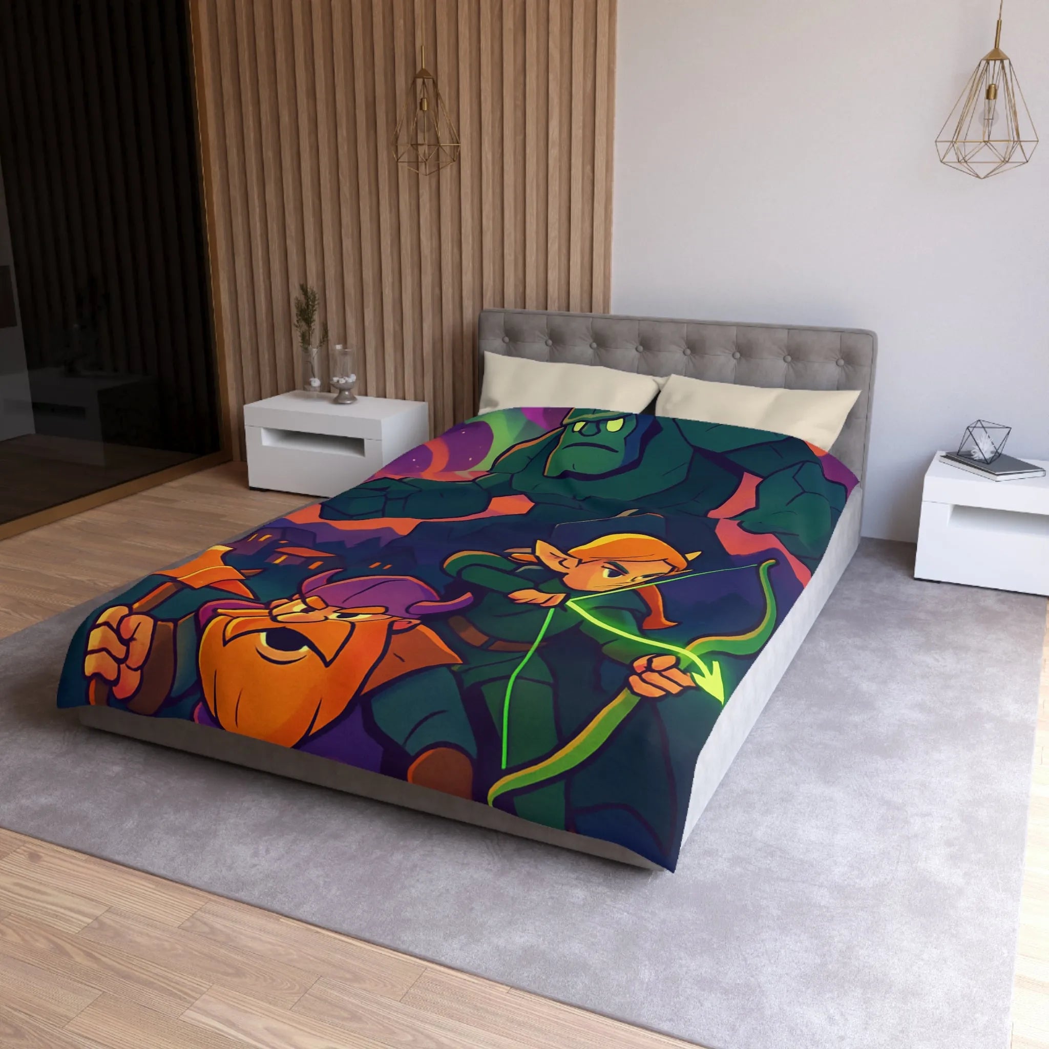 Housse de Couette Fantastique avec Guerrier, Archer et Golem sous Aurores Boréales Éclatantes