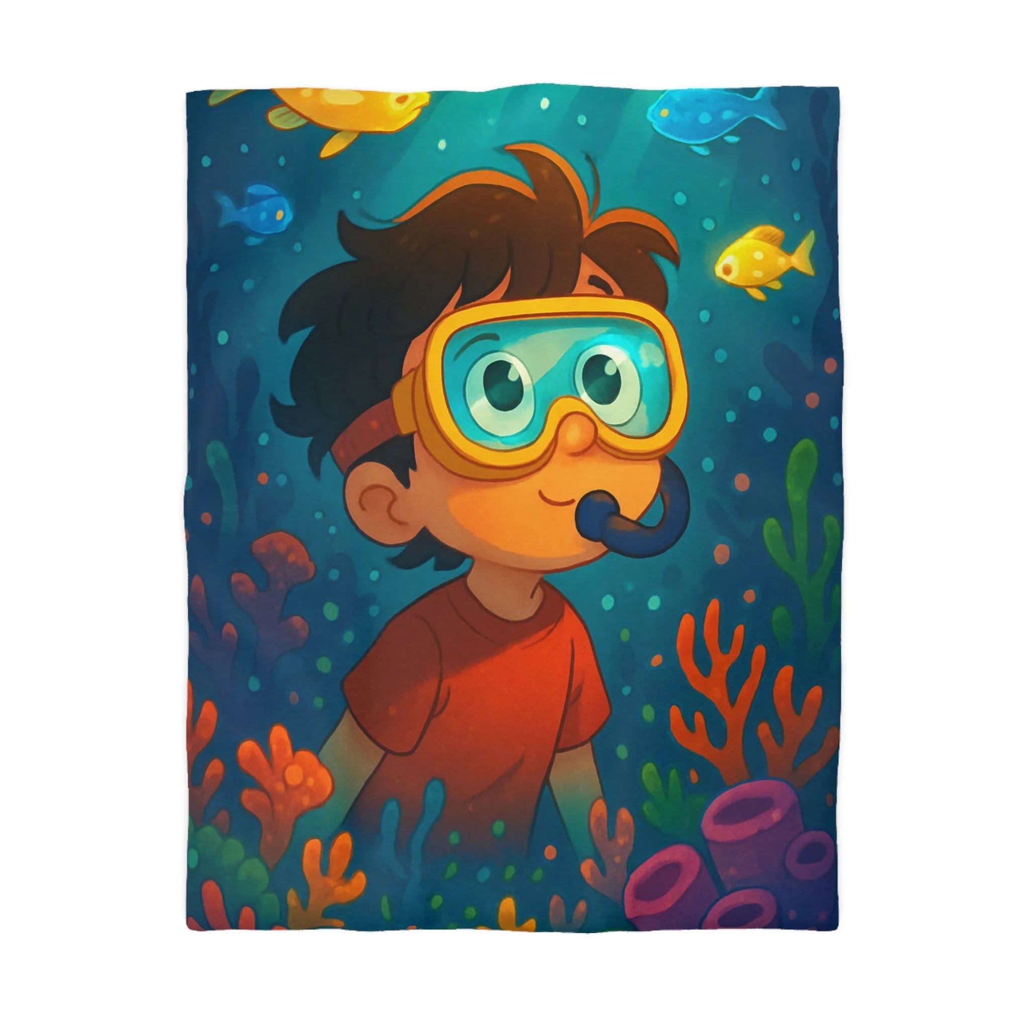 Housse de couette enfantine avec motif sous-marin coloré poisson et garçon plongeur dessiné