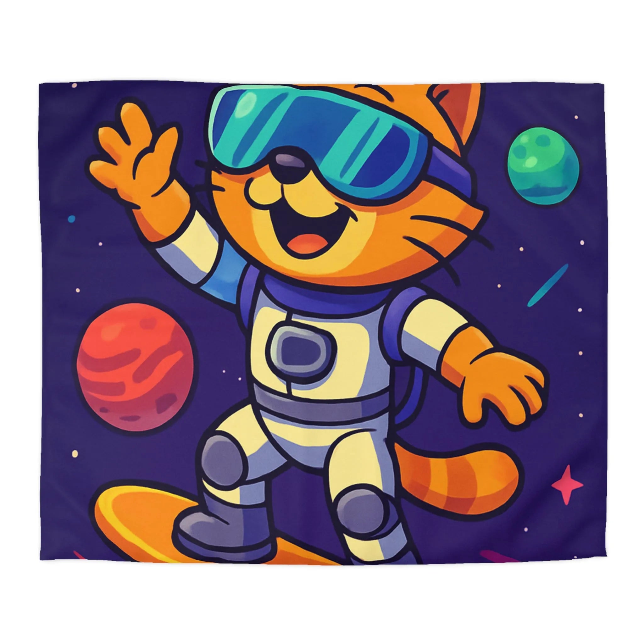 Fantaisie féline spatiale : chat en combinaison surfe sur l'univers étoilé coloré
