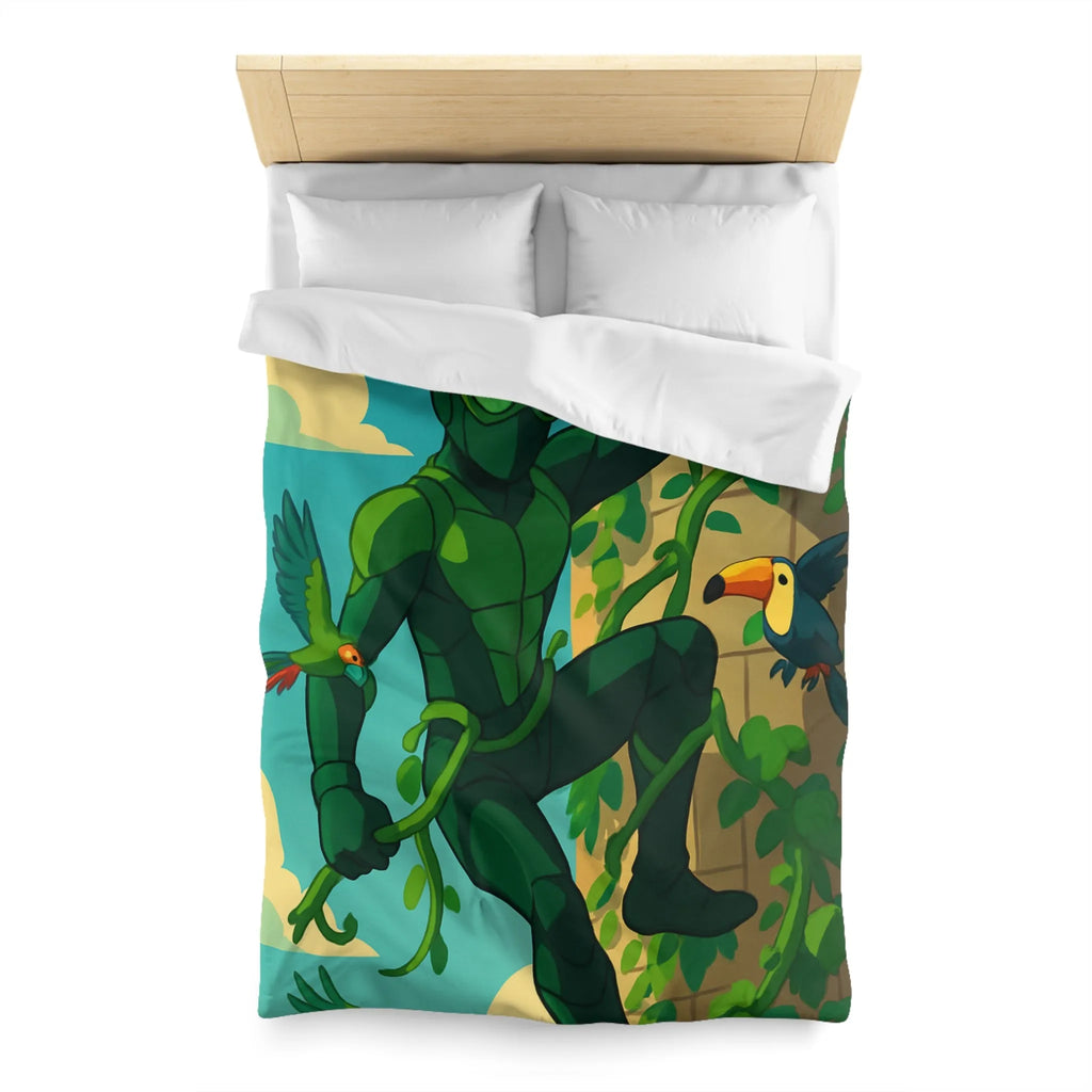 Housse de couette jungle animée avec héros vert grimpant et oiseaux colorés