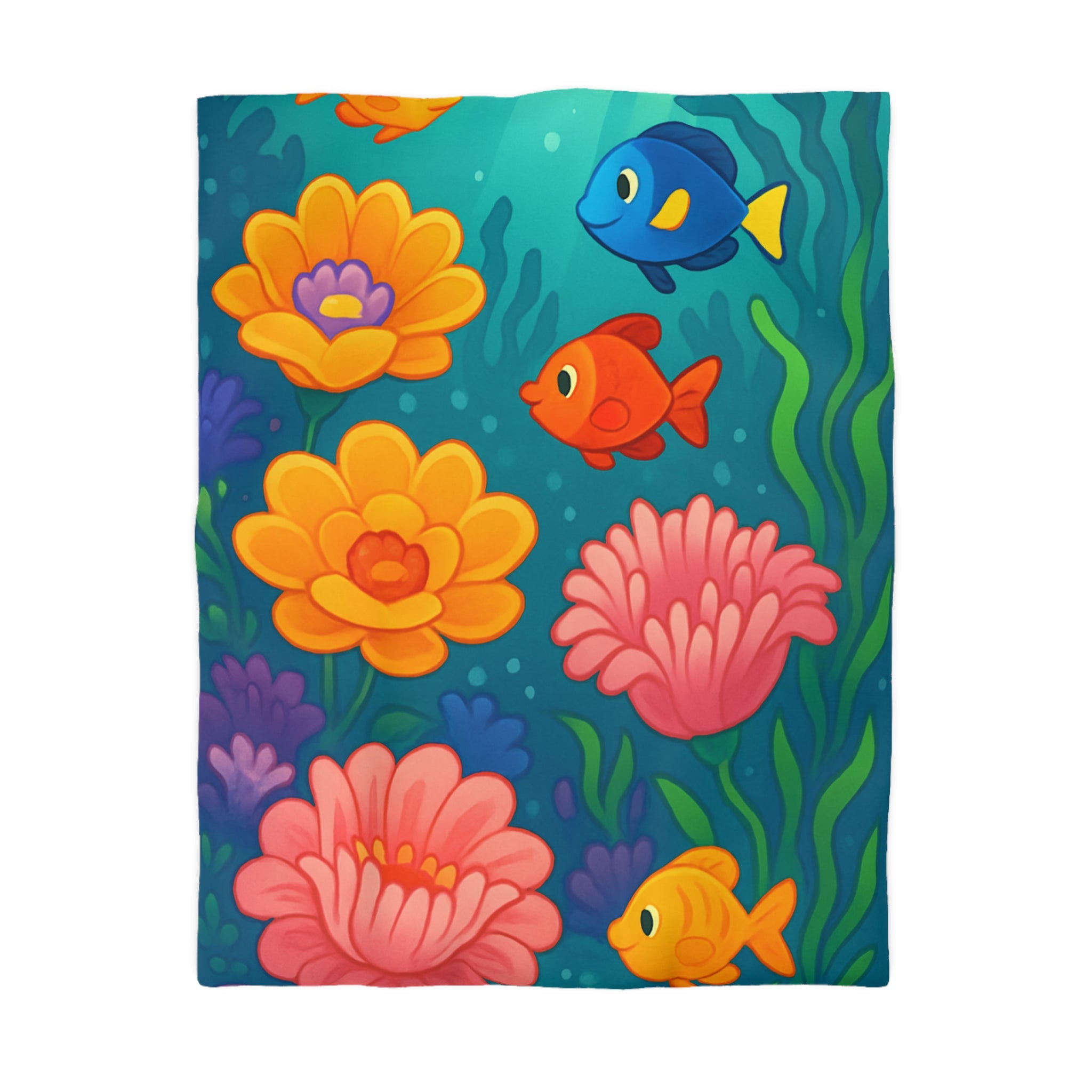 Housse de couette poissons tropicaux multicolores avec fleurs coralliennes pour chambre enfant