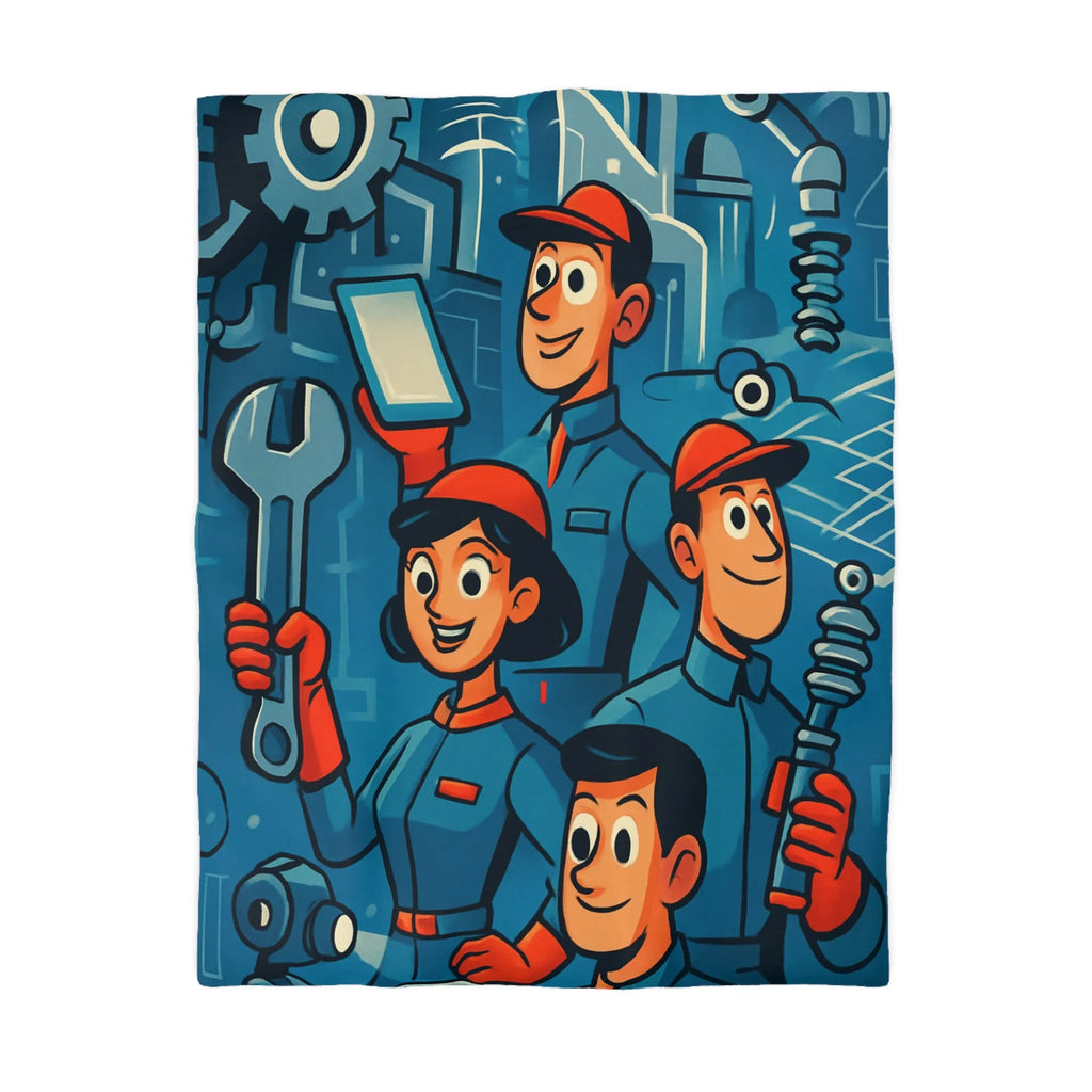 Housse de Couette Industrielle avec Équipe de Travail Souriante dans Tonalités Bleues et Rouges