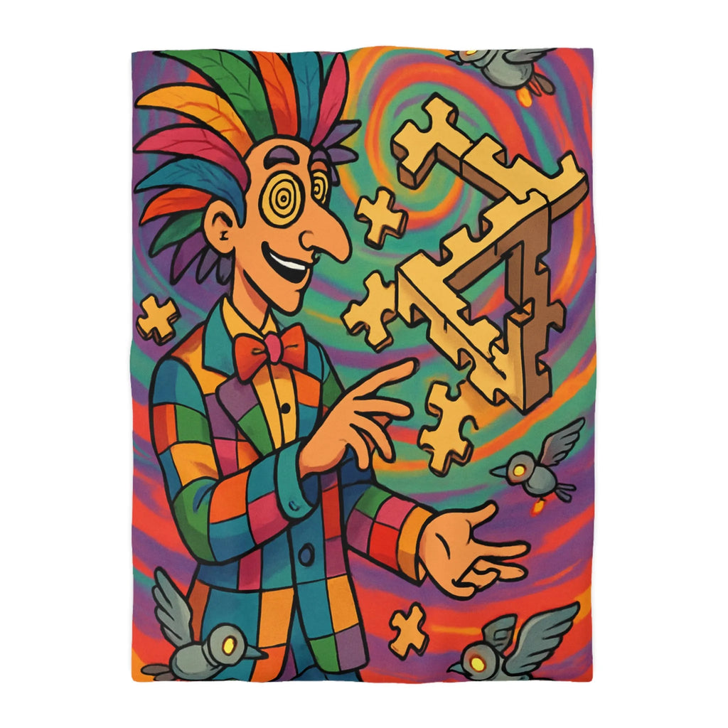 Housse de couette colorée avec illusion d'optique géométrique et motif de clown vibrant