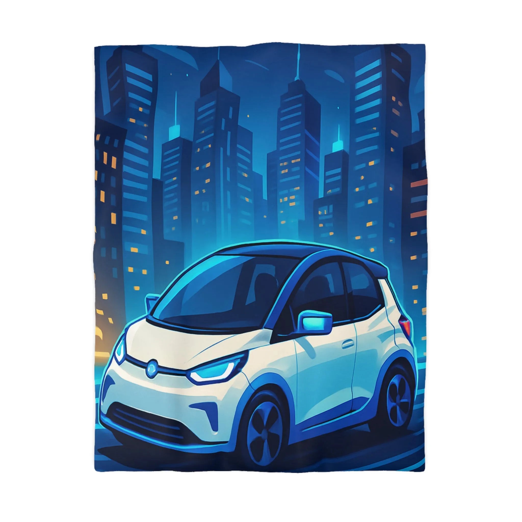 Douce Housse de Couette Bleu Nuit avec Voiture Futuriste et Skyline Lumineuse