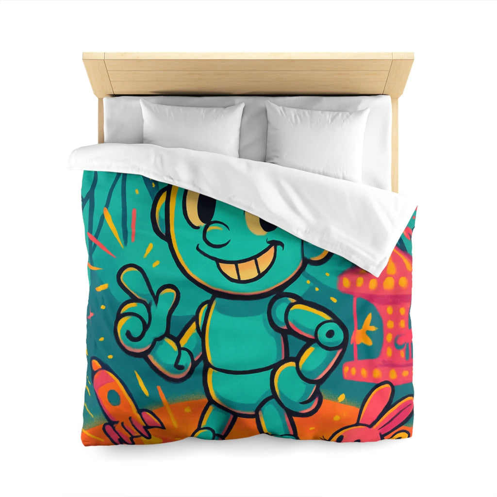 Housse de Couette Ludique avec Robot Jouet et Feux d’Artifice Multicolores pour Enfants