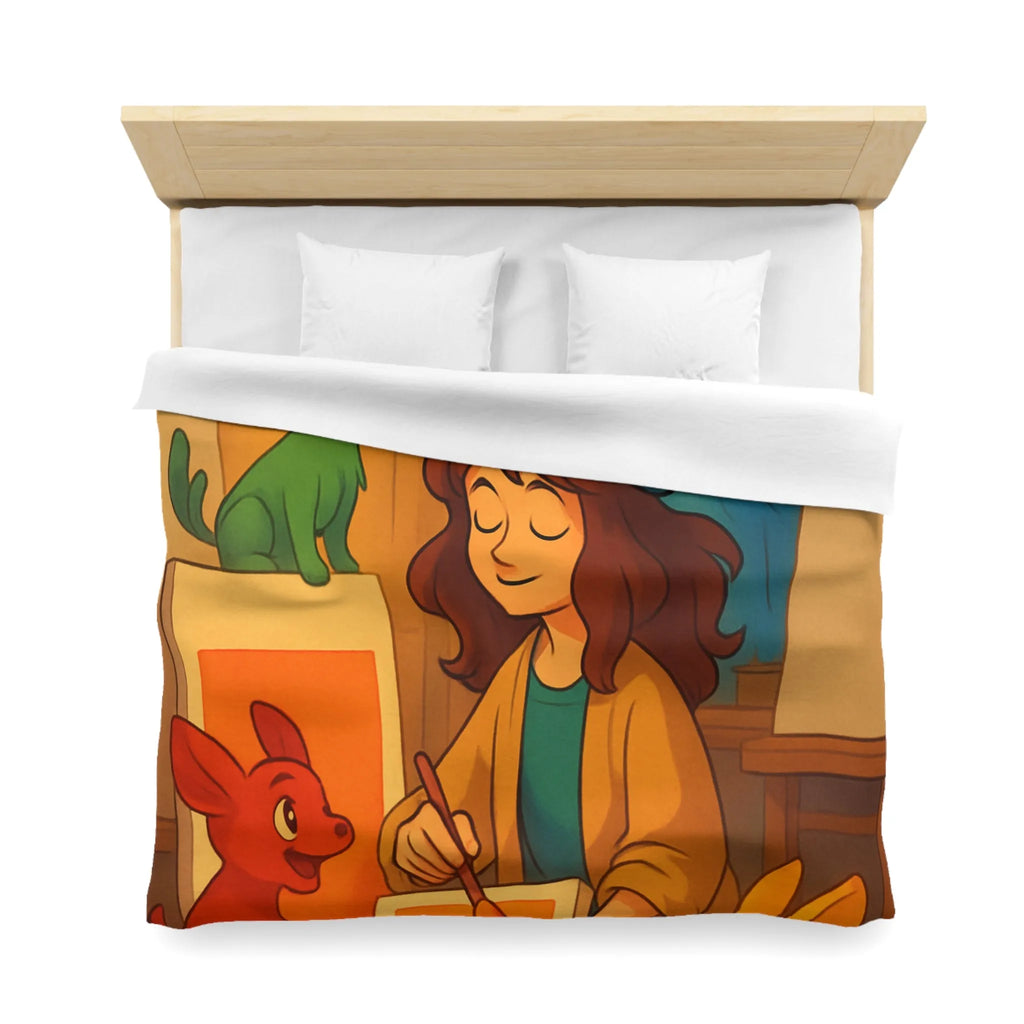 Housse de couette colorée avec artiste et animaux en studio d'art lumineux