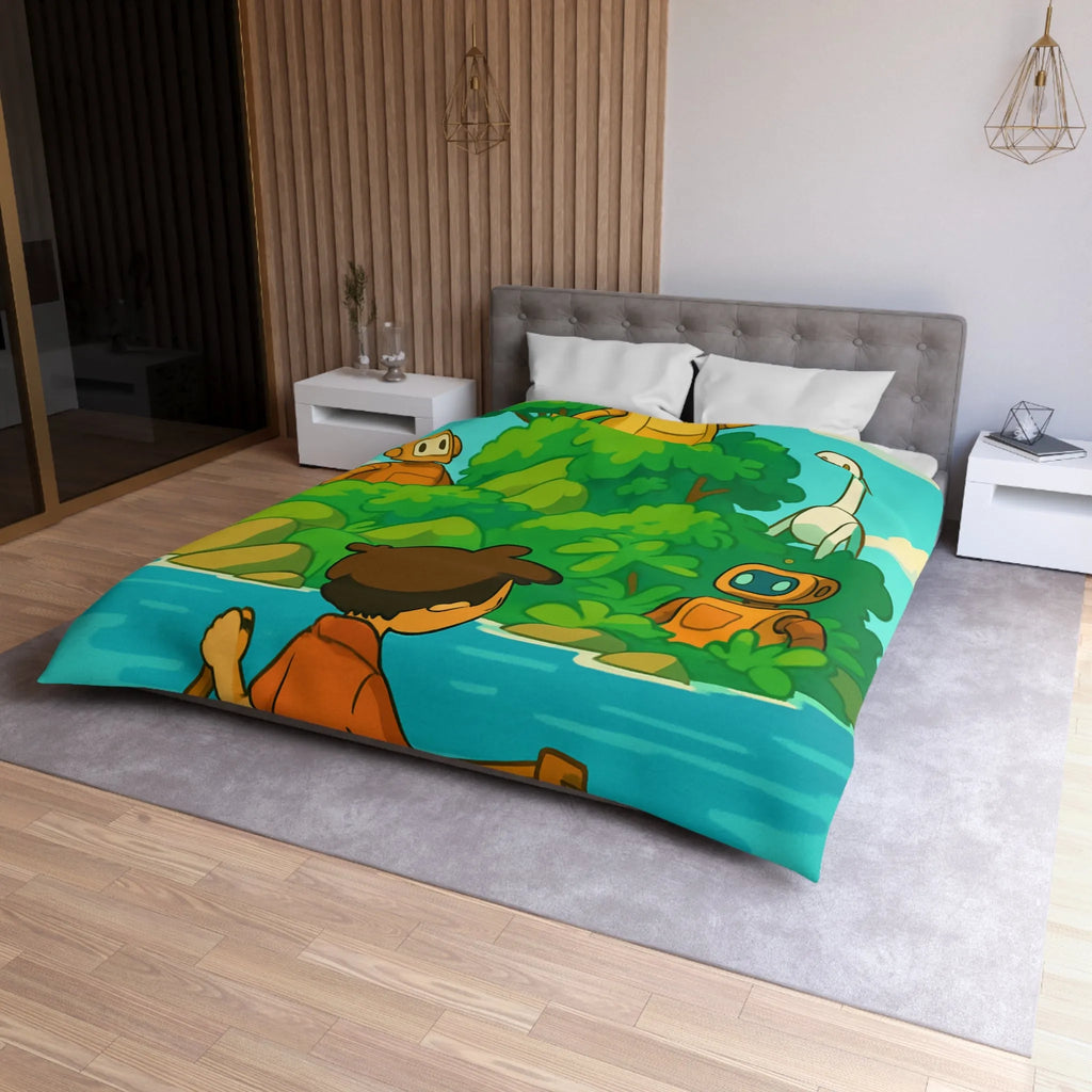 Housse de couette avec robots ludiques et enfant en bateau sur lac serein