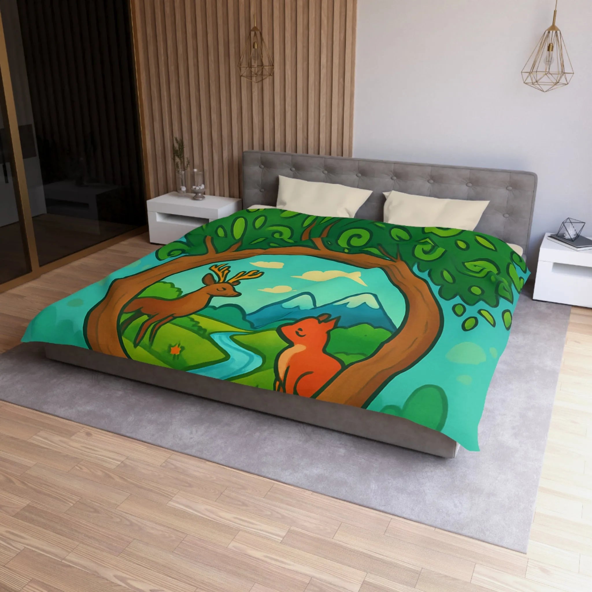 Housse de couette forêt magique avec cerf et renard, design nature peint à la main
