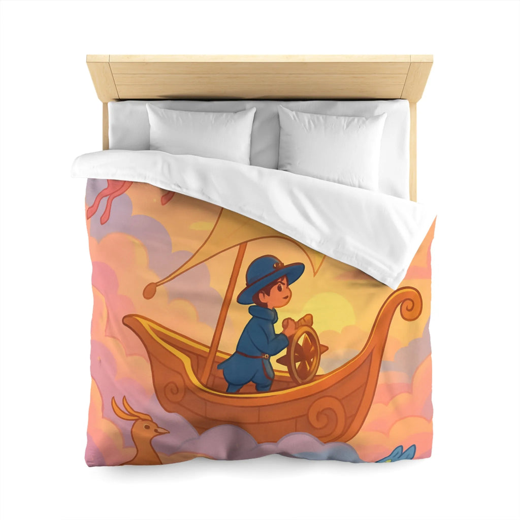 Housse de Couette Enchantée Avec Licorne et Bateau Volant Dans le Ciel Éthéré