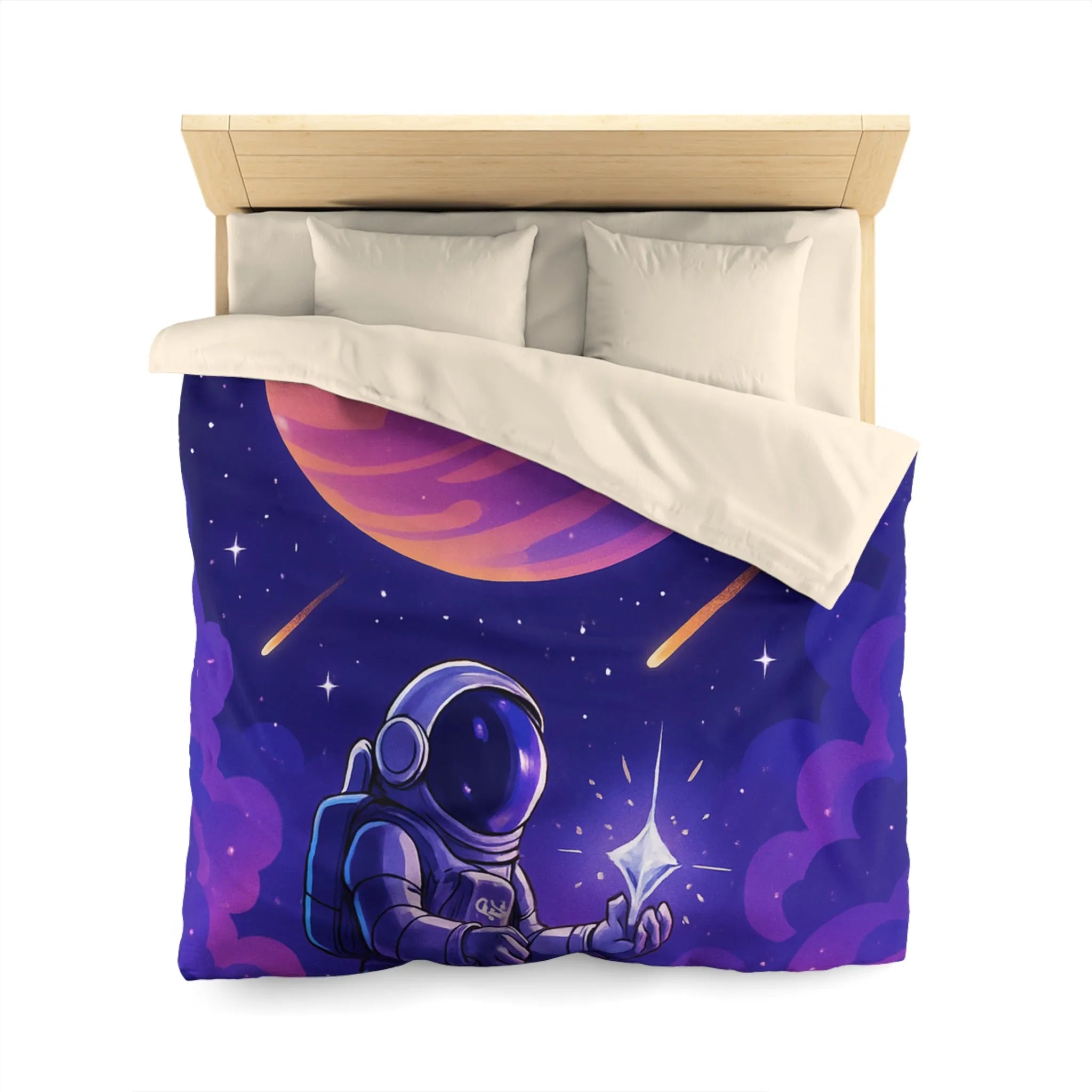 Housse de Couette Astronaute Galactique : Étoiles, Planète Rose, Ciel de Nuit Mystique
