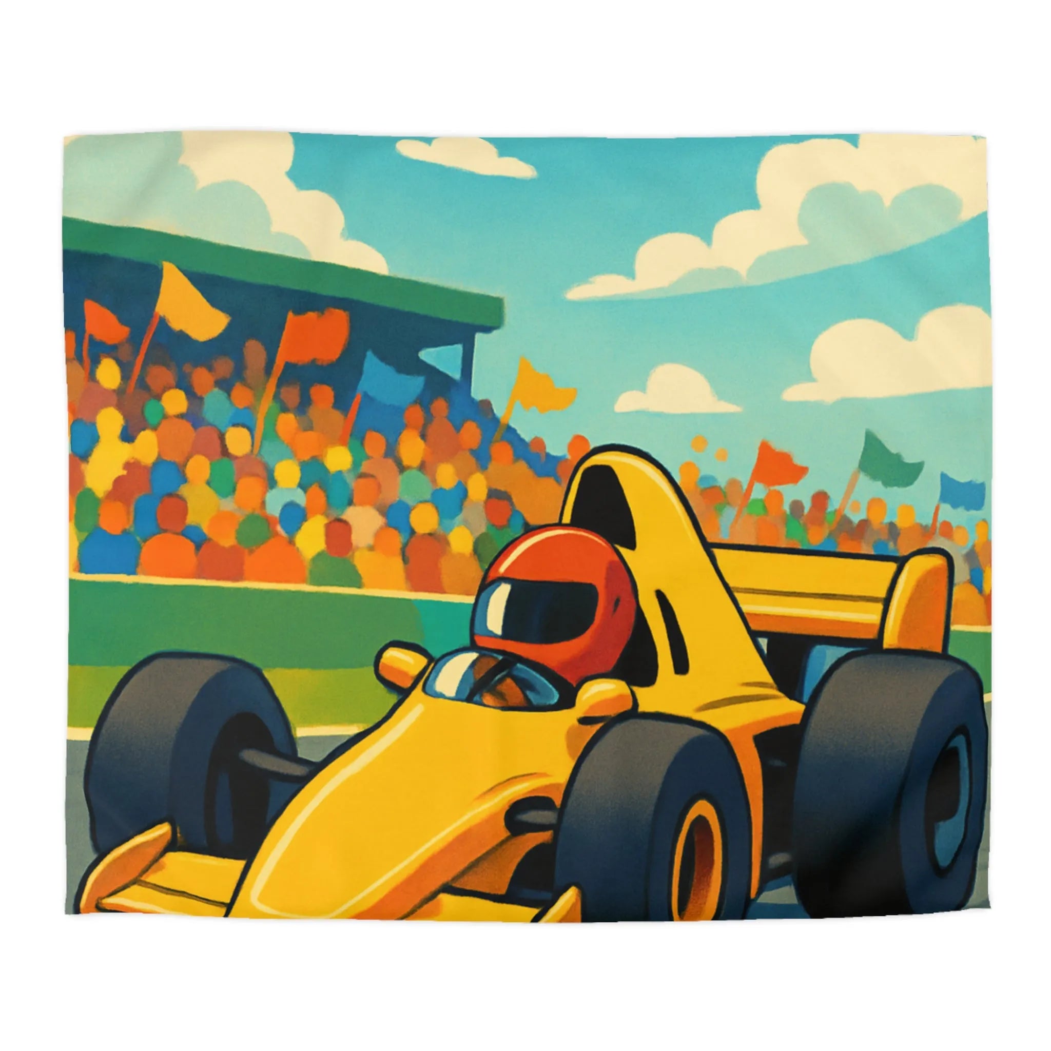 Housse de couette enfant voiture de course jaune circuit ambiance dynamique et colorée