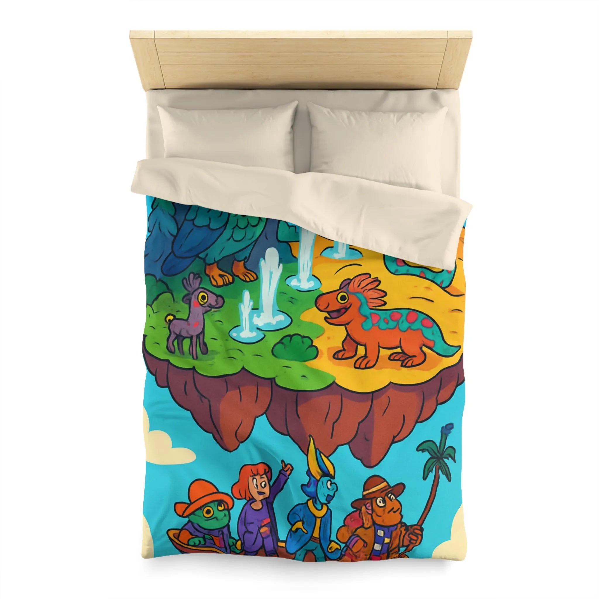 Housse de couette fantaisie avec animaux colorés sur une île flottante magique
