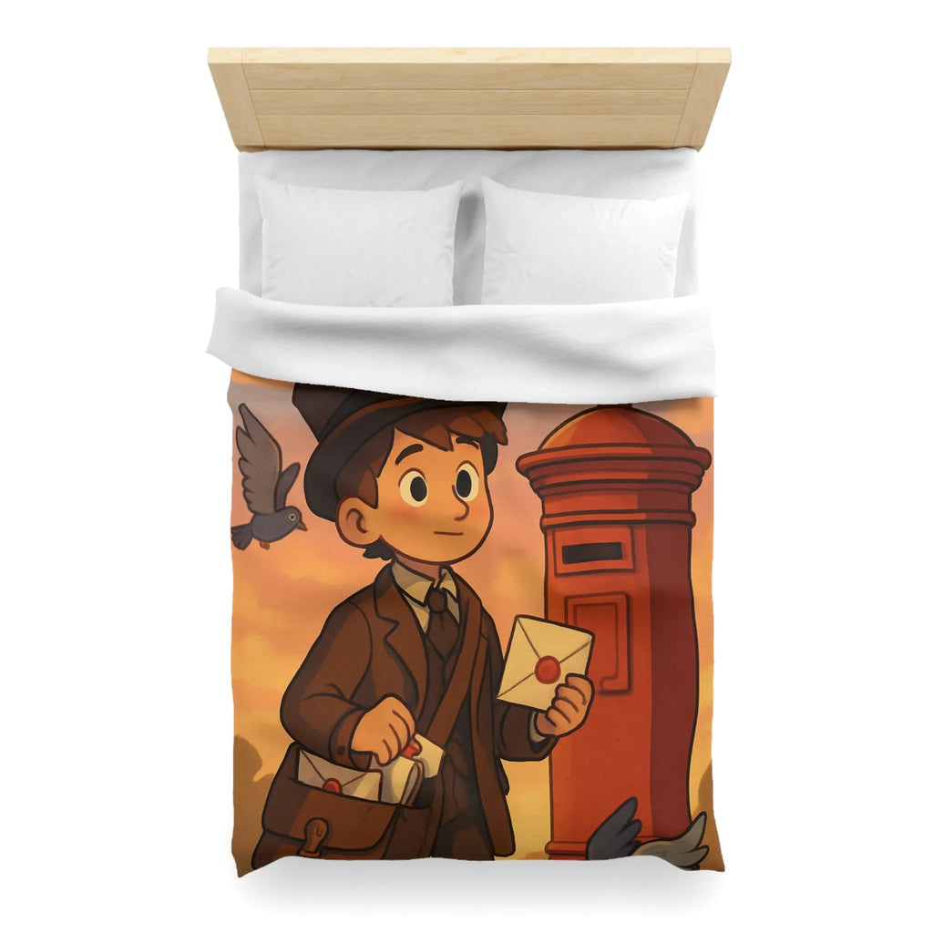 Housse de couette illustrée avec poste vintage et pigeons dans ciel au coucher du soleil