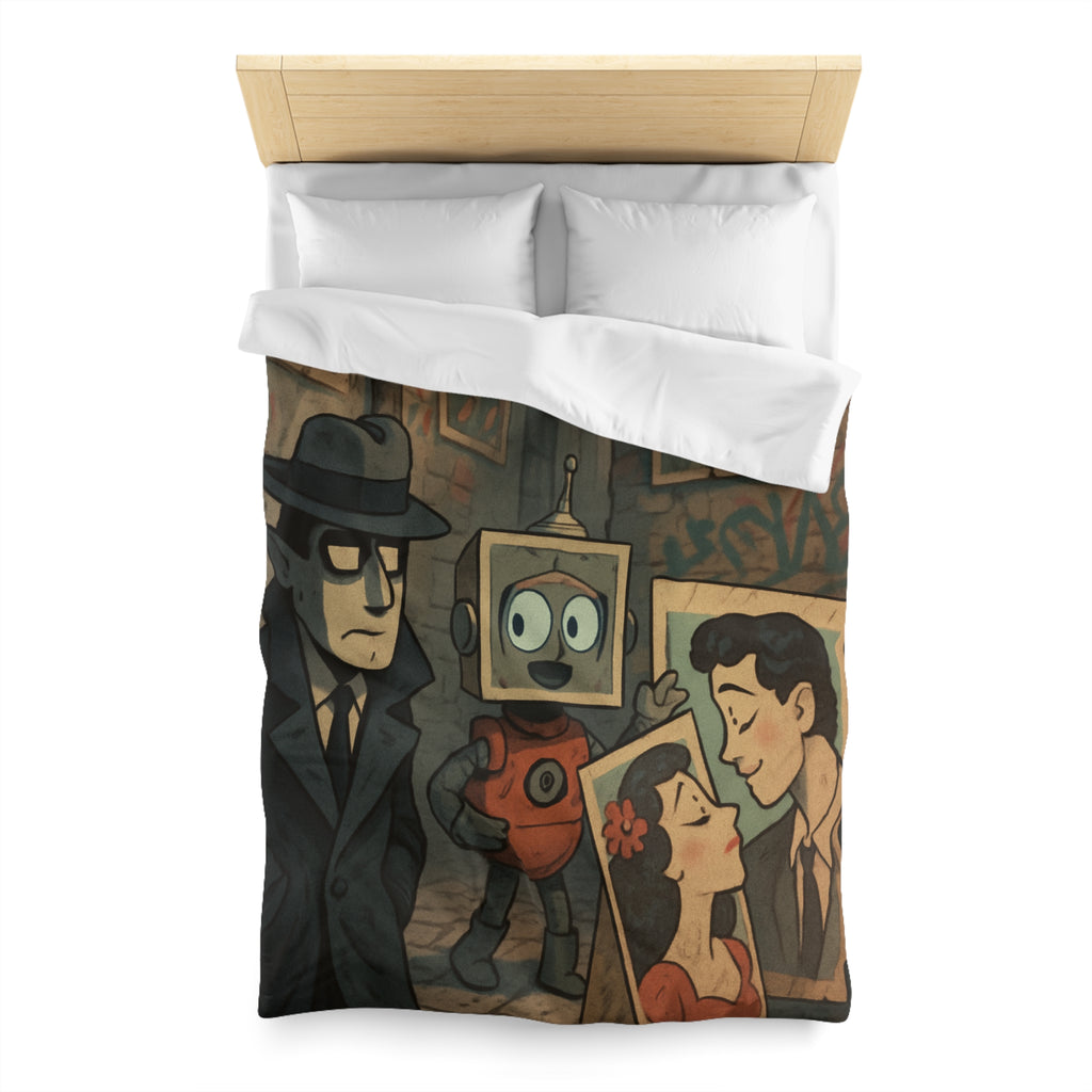 Housse de couette rétro robot vintage, style pop art, ambiance urbaine et romantique
