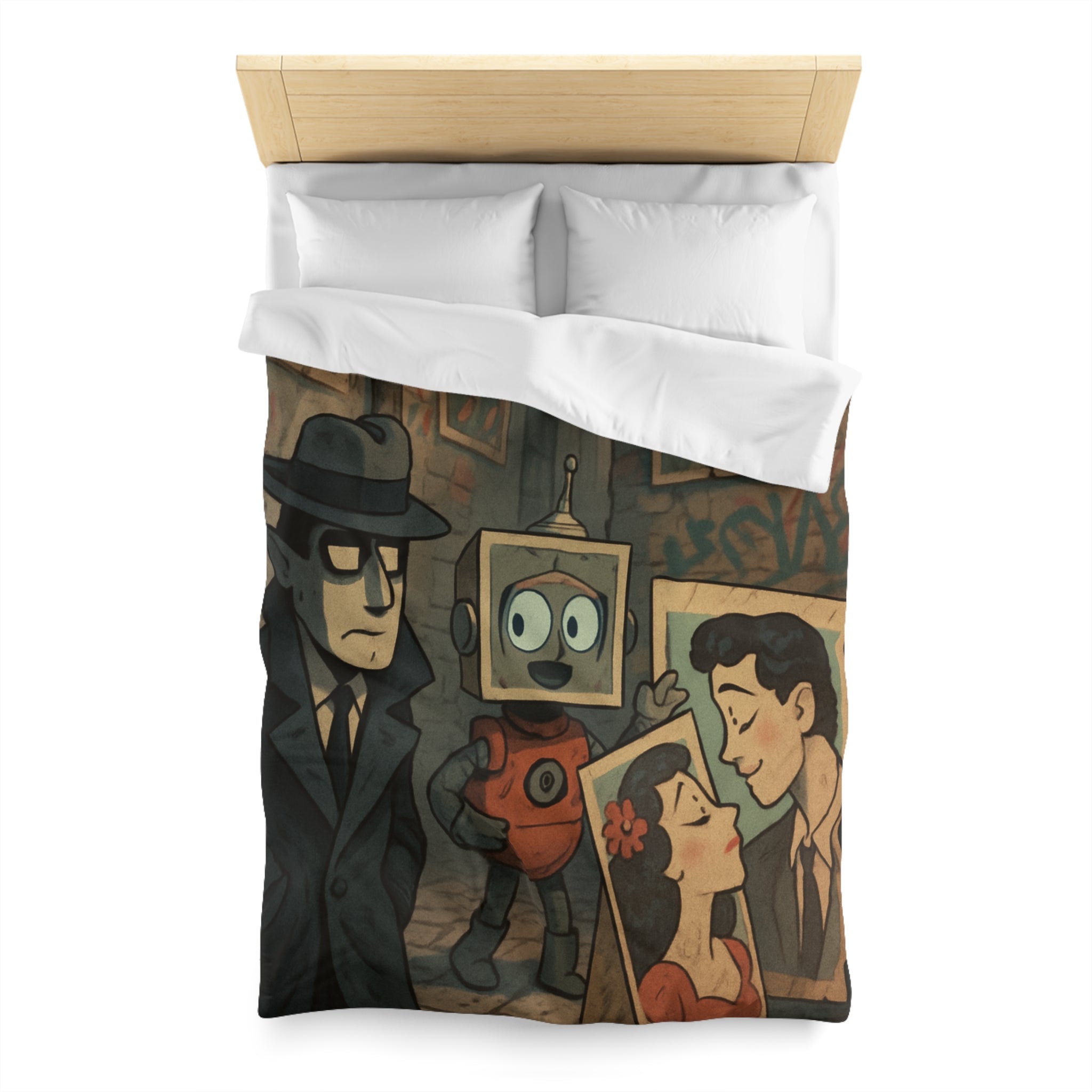 Housse de couette rétro robot vintage, style pop art, ambiance urbaine et romantique