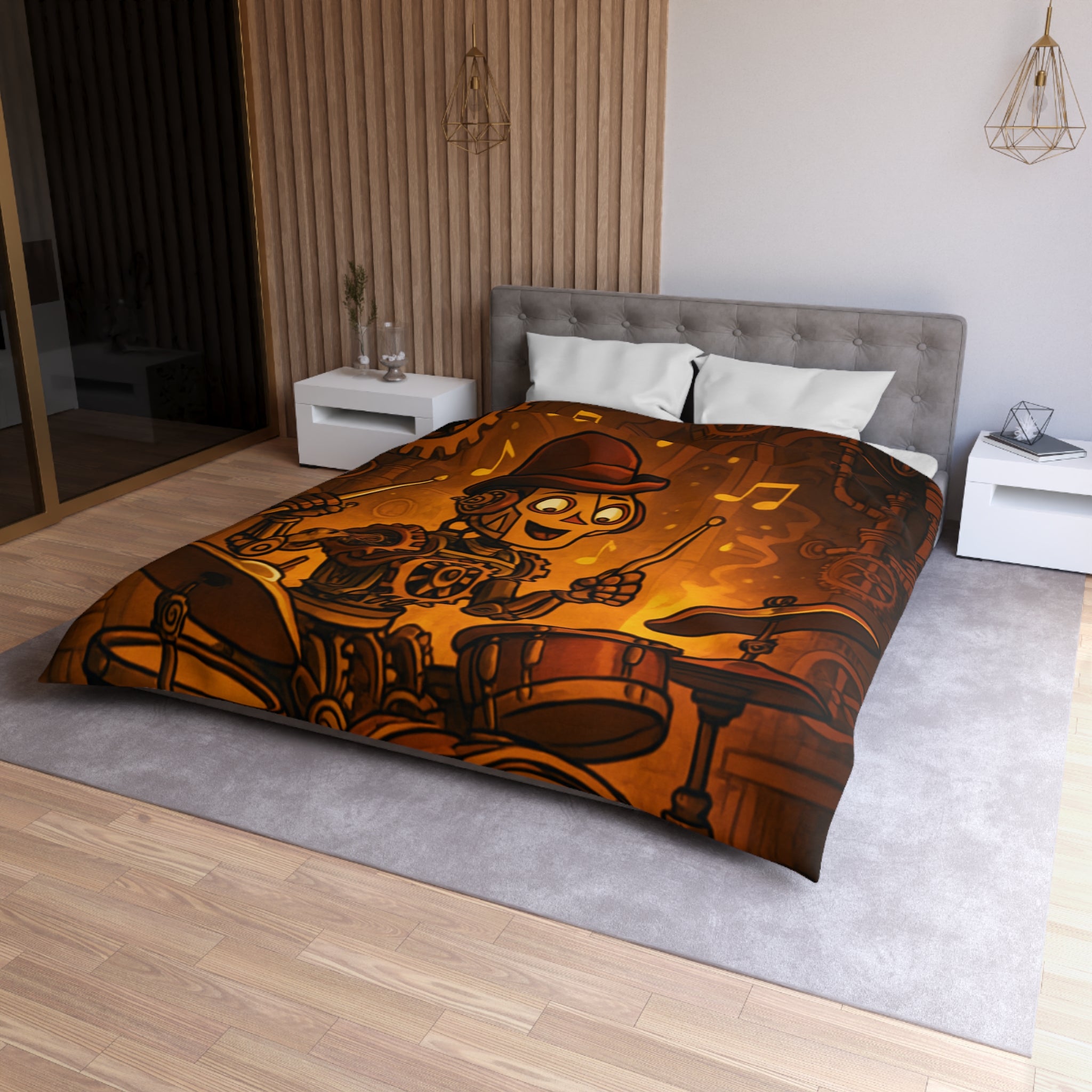 Housse de couette steampunk robot joueur de batterie pour chambre artistique et moderne