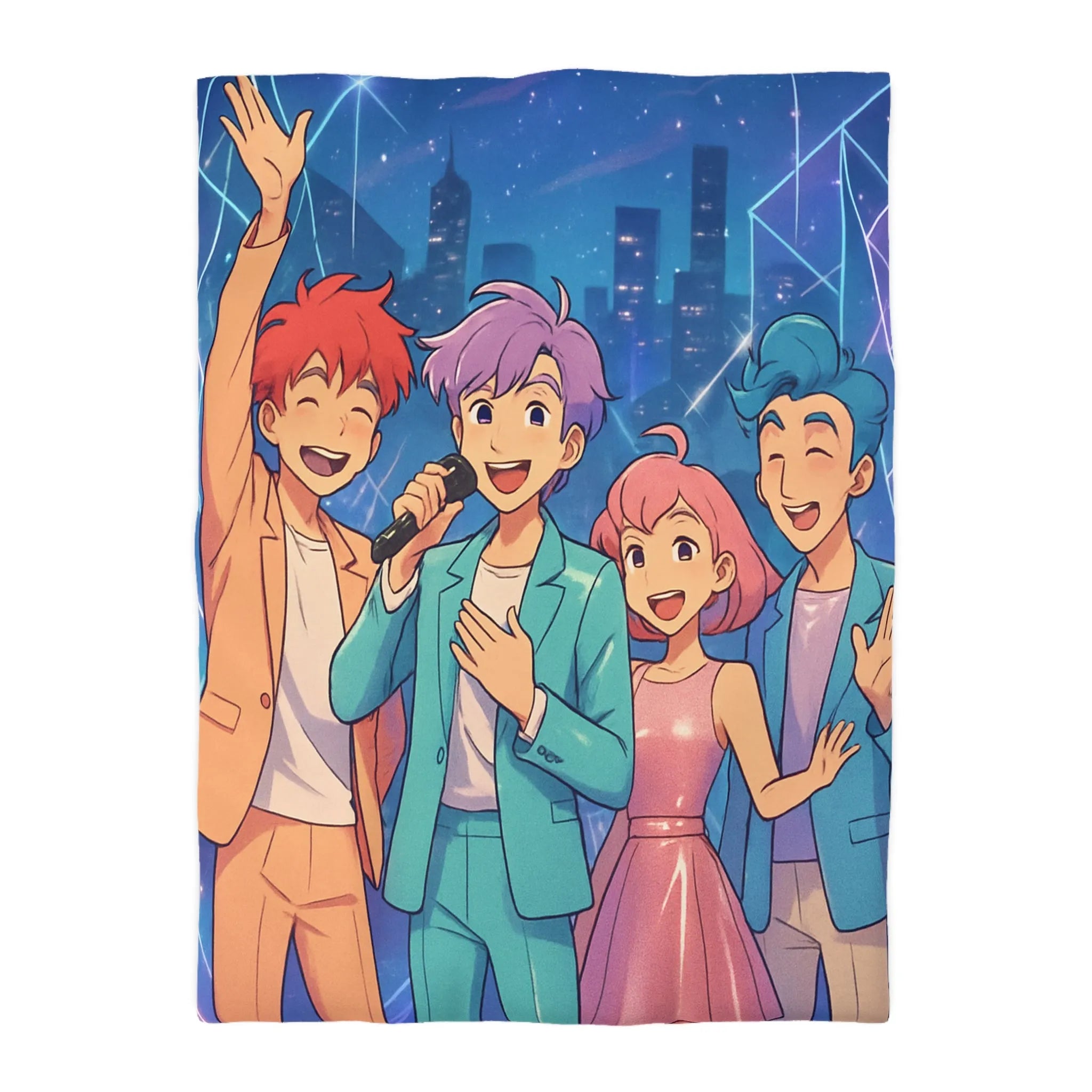 Housse de couette colorée avec personnages joyeux style anime devant une ville étoilée