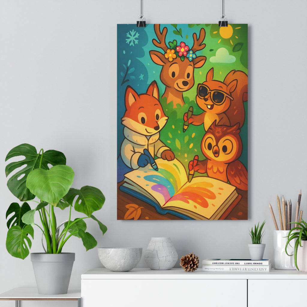 Poster décoratif coloriage enfant joyeux renard écureuil hibou cerf chambre cartoon coloré 30x46 qualité
