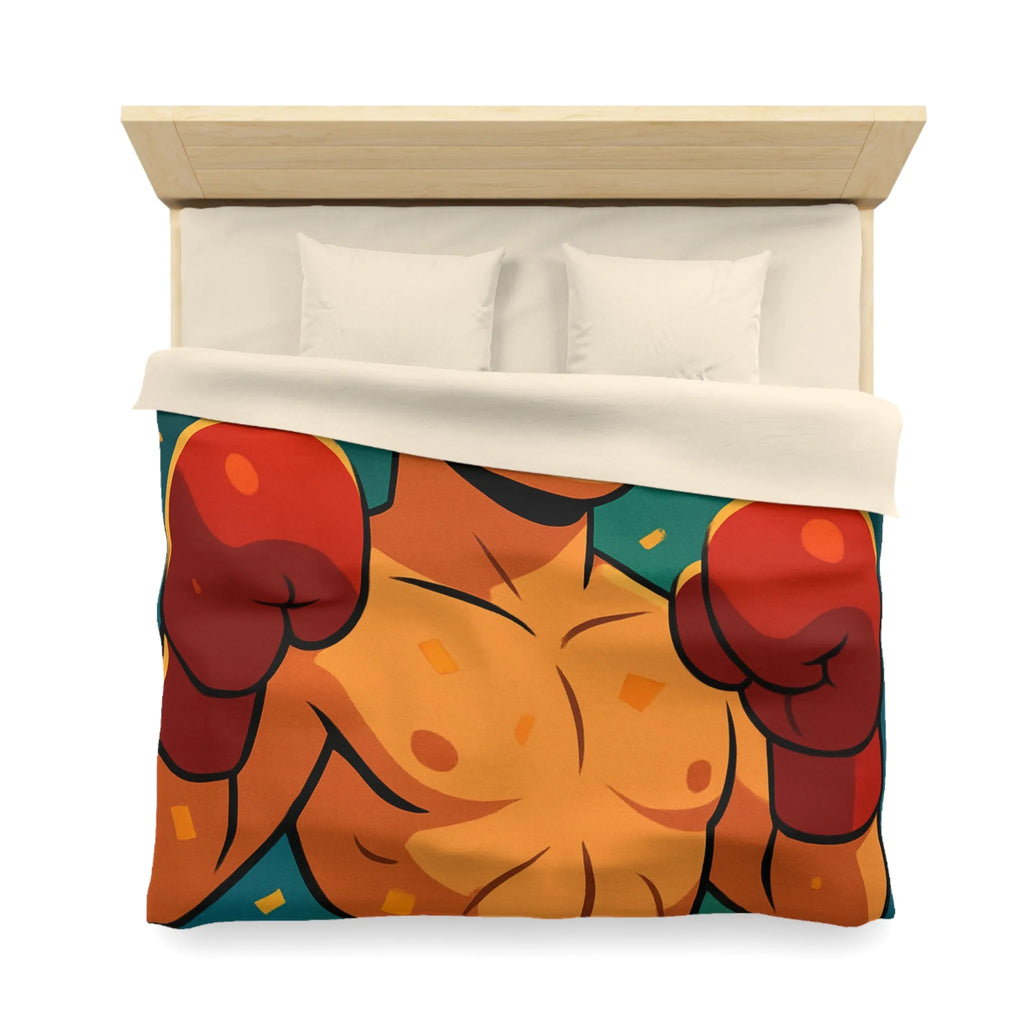 Housse de couette colorée avec boxeur en tenue rouge, ambiance festive dynamique