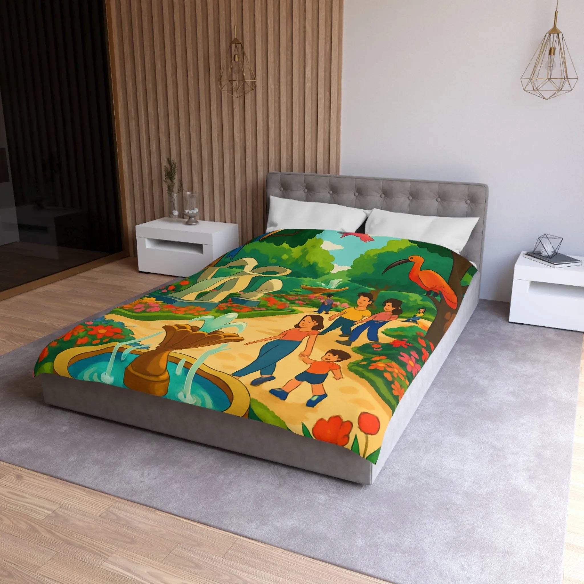 Housse de Couette Colorée Illustrant un Jardin avec Oiseaux et Familles en Promenade