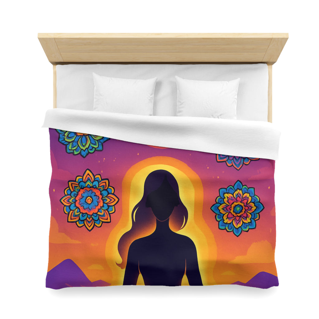 Paisible méditation silhouettée avec mandalas colorés et paysage crépusculaire serein et enchanteur