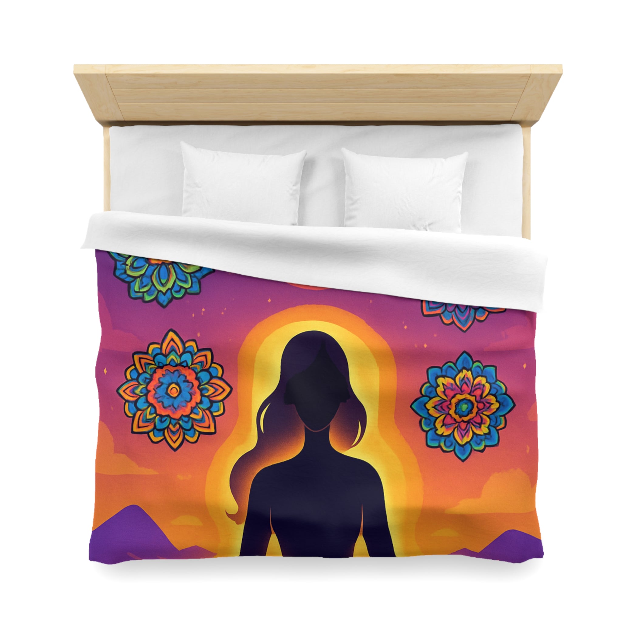 Paisible méditation silhouettée avec mandalas colorés et paysage crépusculaire serein et enchanteur