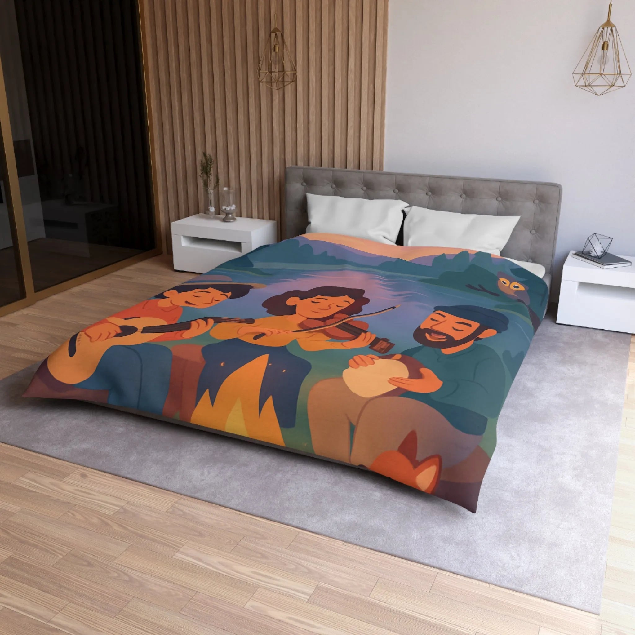 Housse de Couette avec Musiciens et Animaux Près du Feu de Camp au Crépuscule