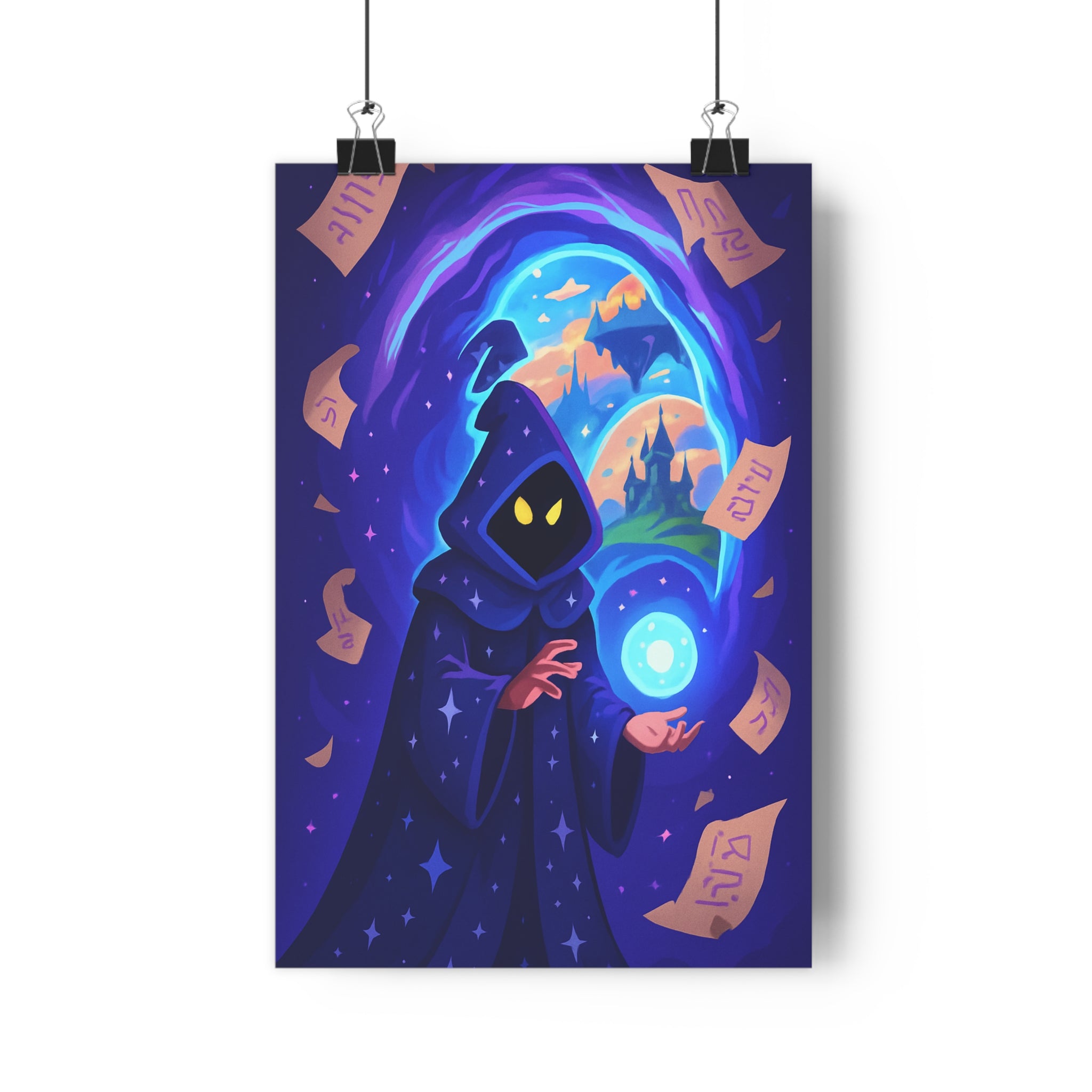 Poster décoratif mystérieux personnage cape étoilée sphère lumineuse portail magique cartoon mystique chambre qualité
