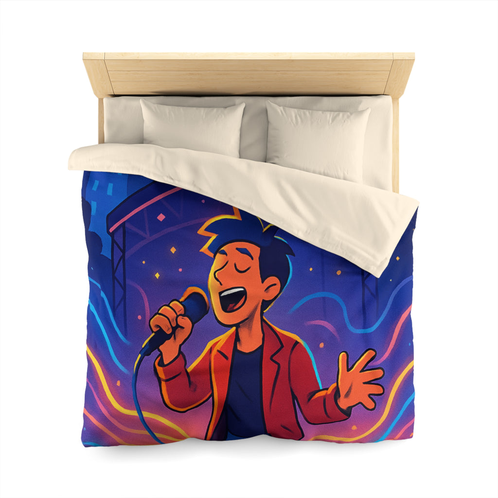 Housse de couette scène vibrante de concert nocturne avec chanteur et couleurs éclatantes