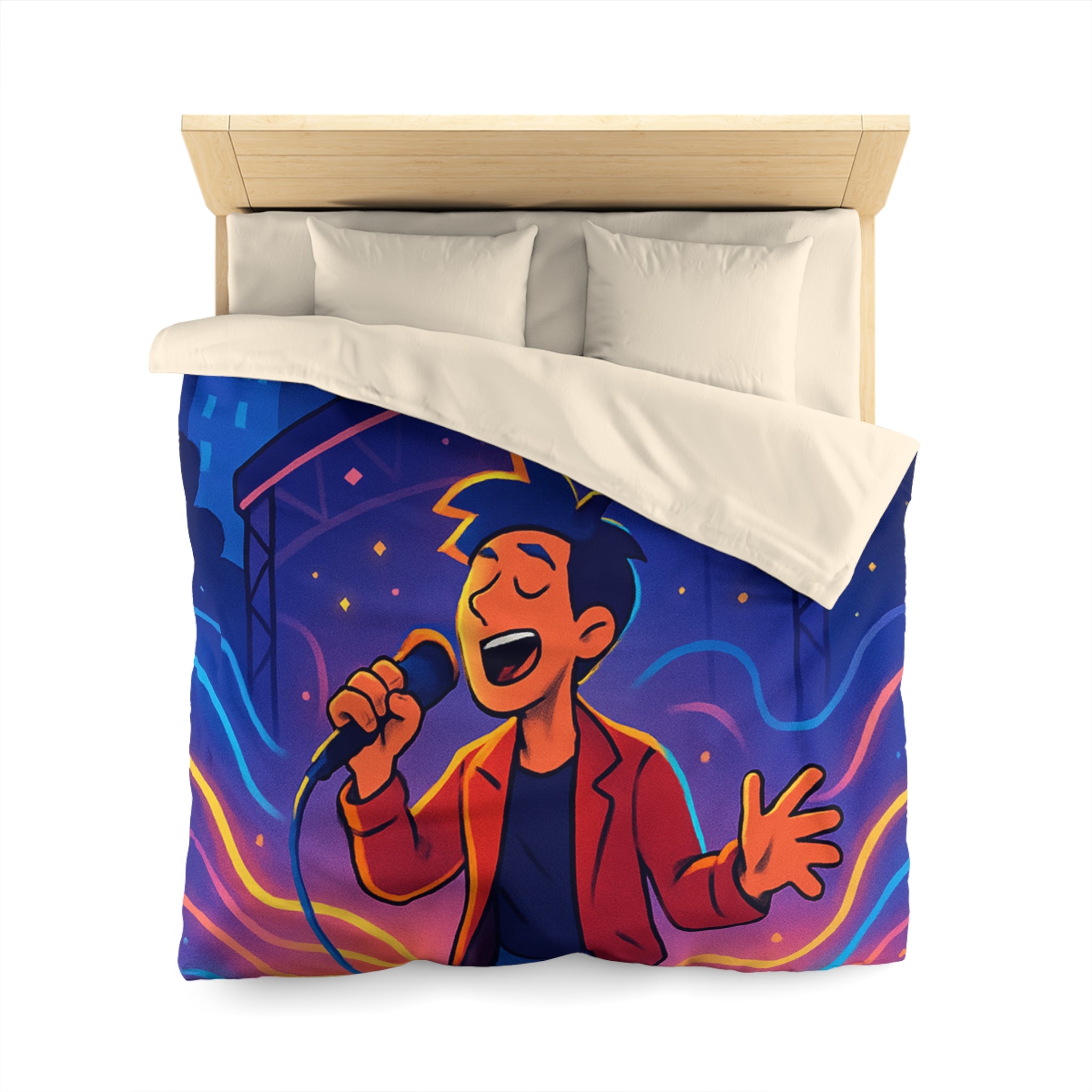 Housse de couette scène vibrante de concert nocturne avec chanteur et couleurs éclatantes