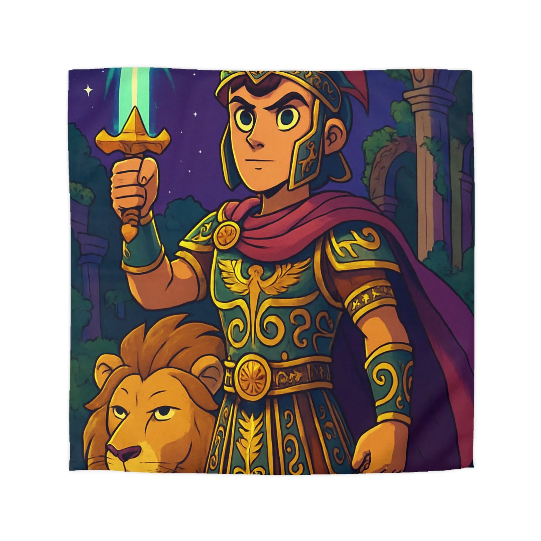 Housse de couette épique pour enfants avec un guerrier et un lion mythiques