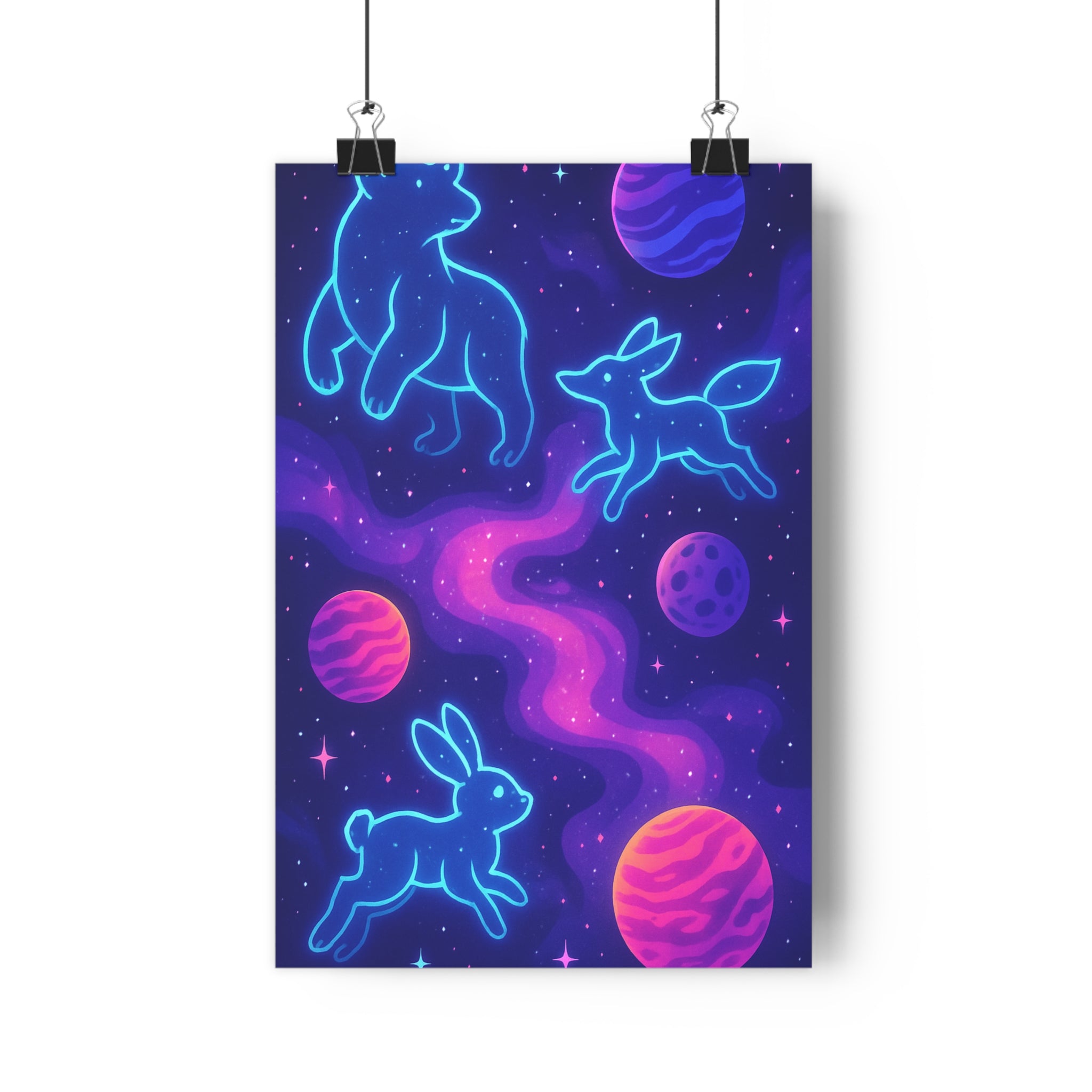 Poster décoratif galactique bleu rose violet cartoon magique chambre enfant univers aventure lumineux rêve