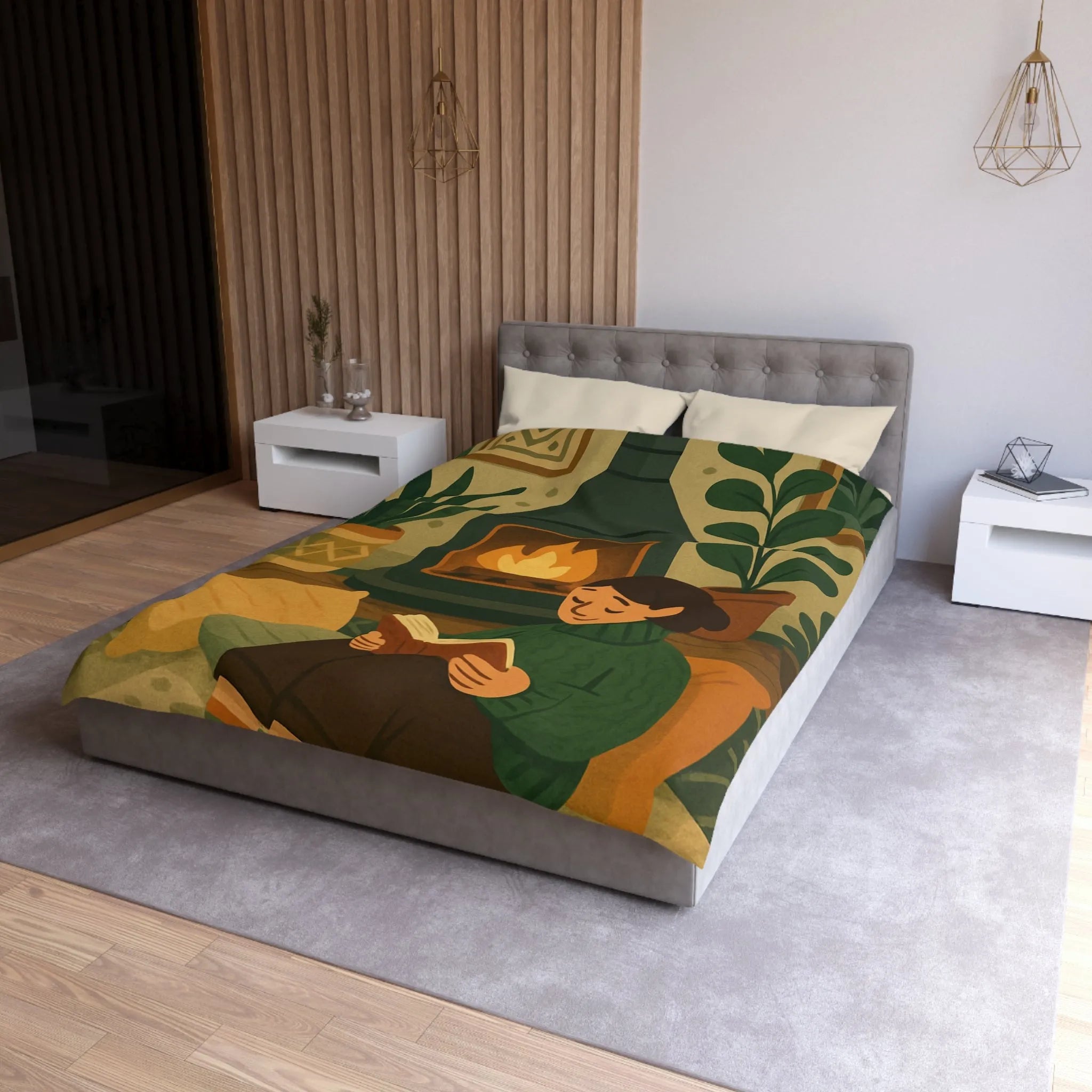 Housse de couette cosy avec cheminée et ambiance hygge, style scandinave relaxant