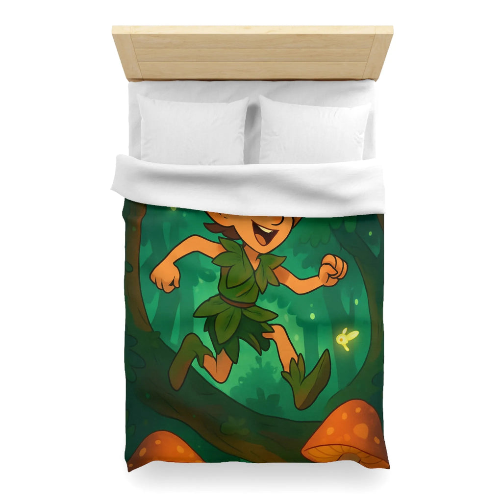 Housse de couette féérique avec elfes sautant parmi champignons lumineux en forêt