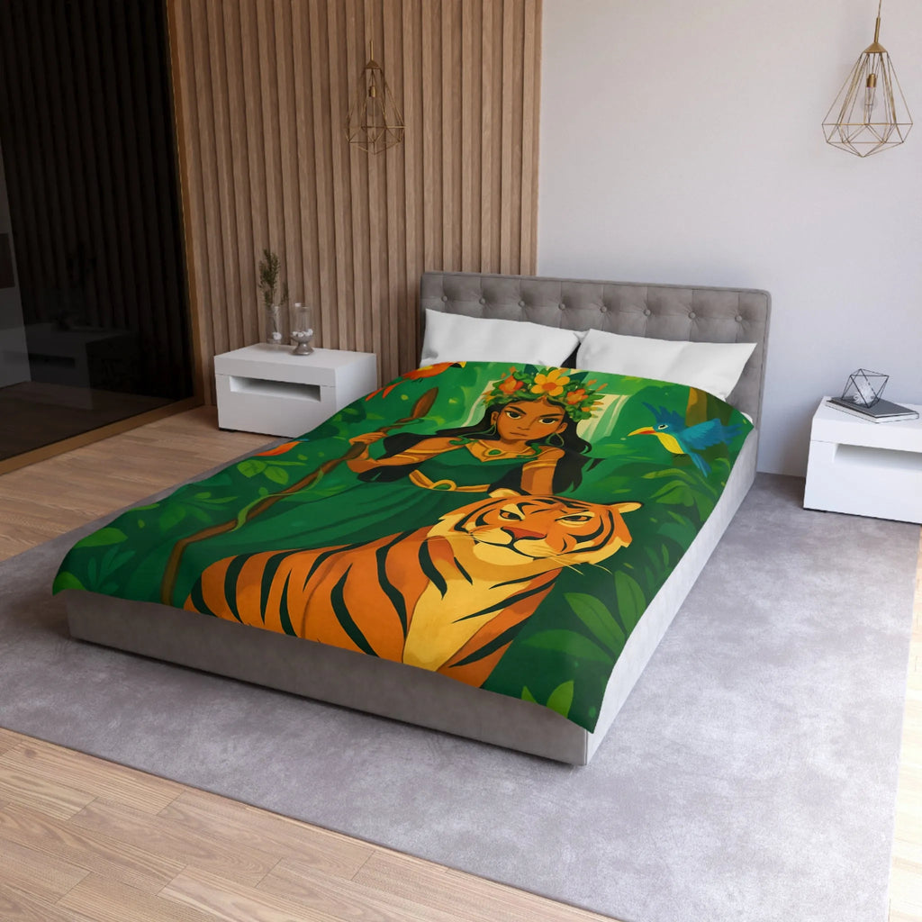Housse de couette exotique avec tigre royal et gardienne mystique en forêt luxuriante