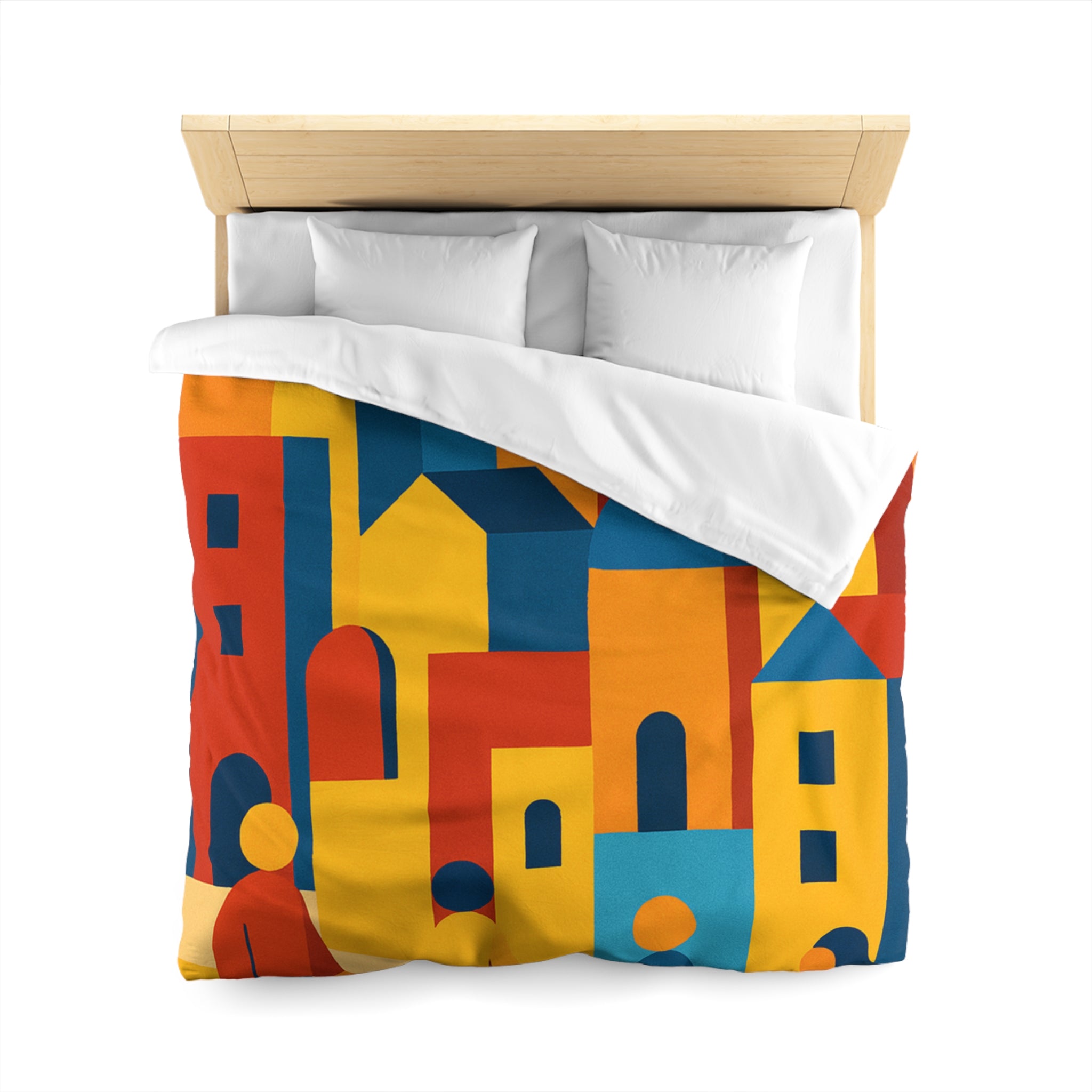 Housse de Couette Moderniste aux Couleurs Chaudes Illustrant Ville Effervescente et Silhouettes Humaines