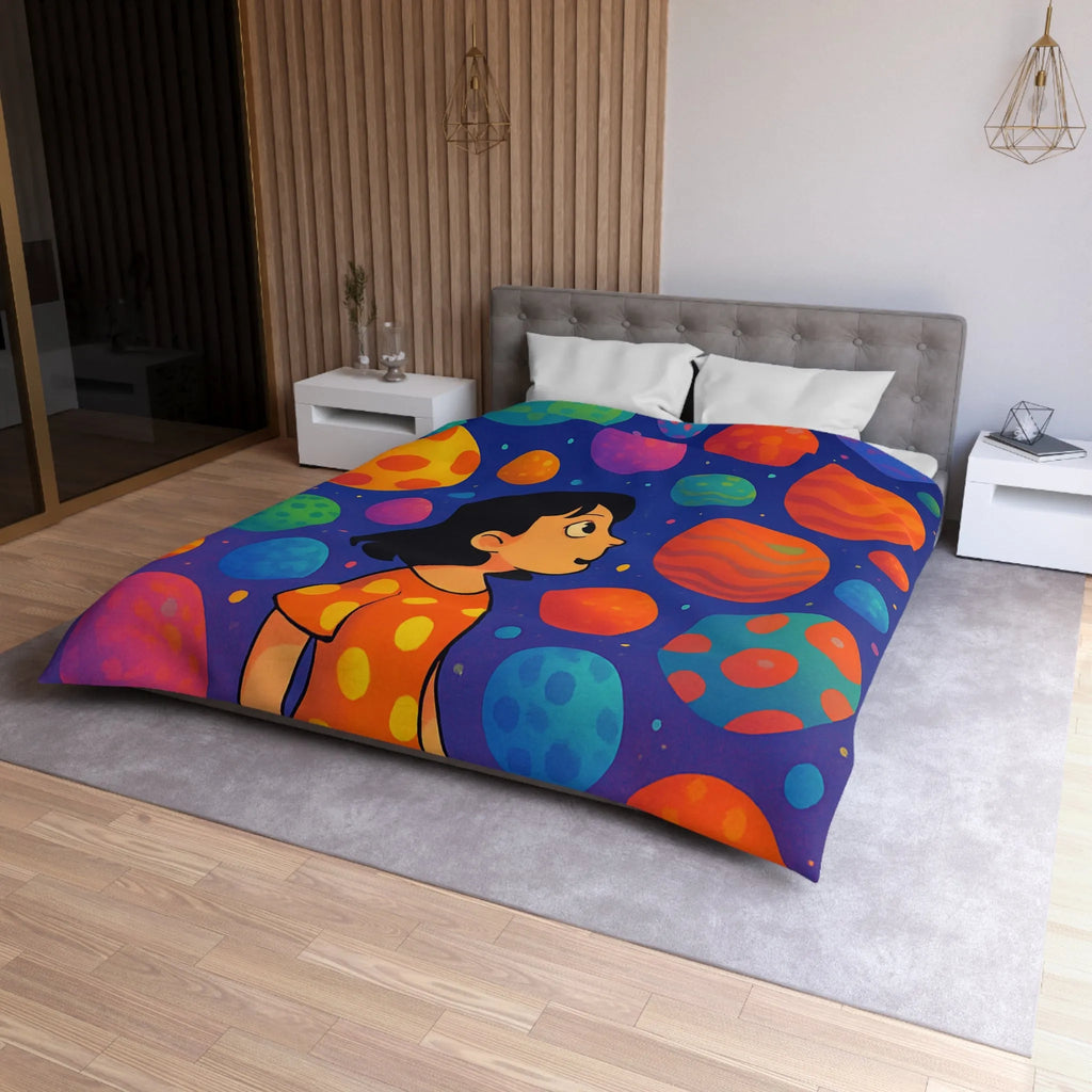 Housse de couette colorée avec motif de planètes et enfant rêveur dans l'espace