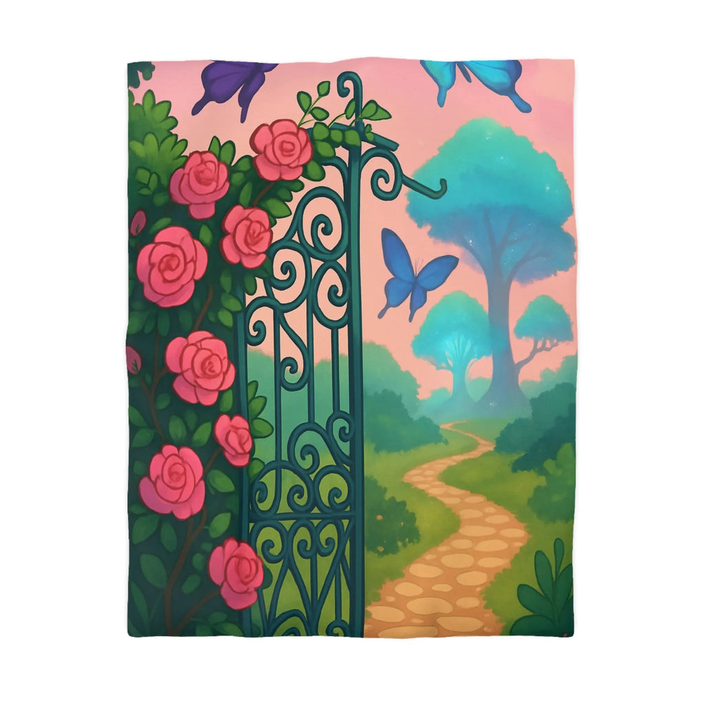 Belle housse de couette féerique avec portail fleuri et papillons colorés, jardins enchanteurs
