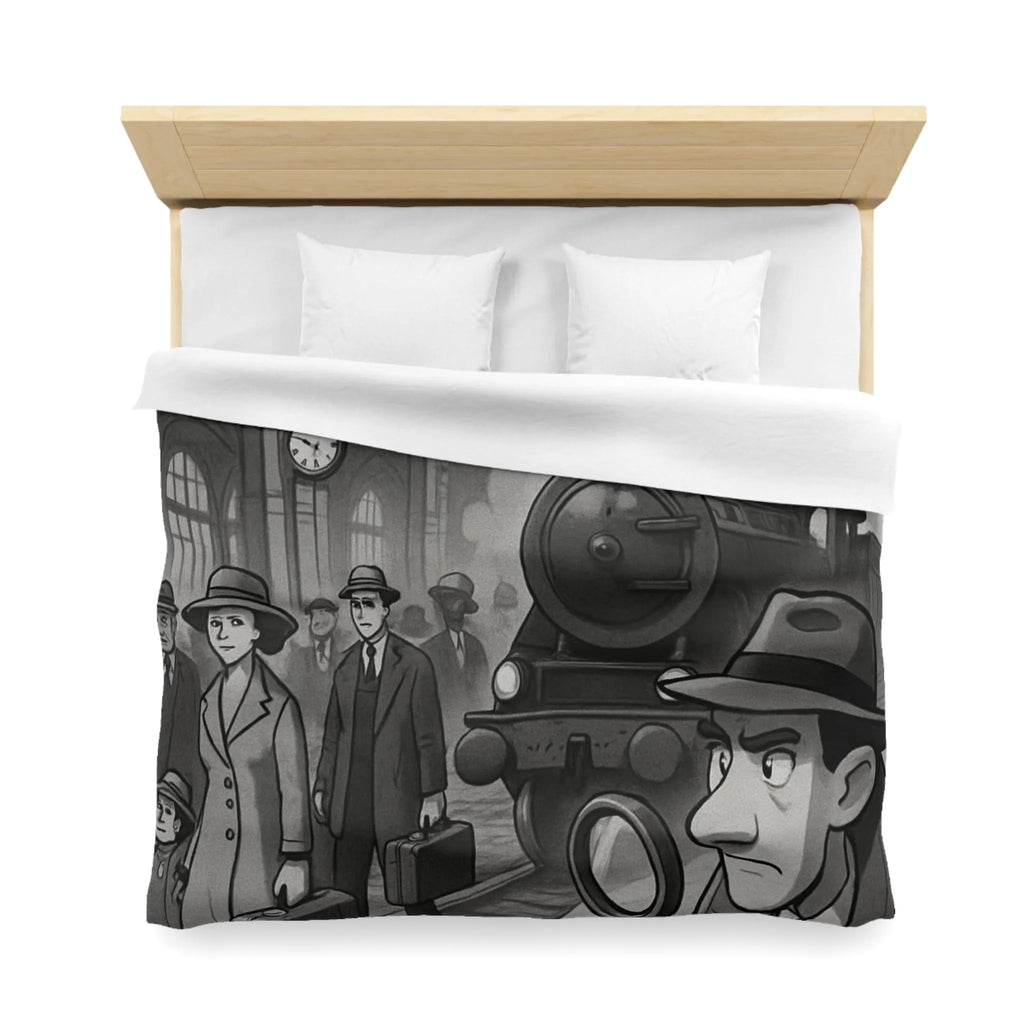 Élégante housse de couette rétro avec train à vapeur et ambiance mystérieuse noir et blanc