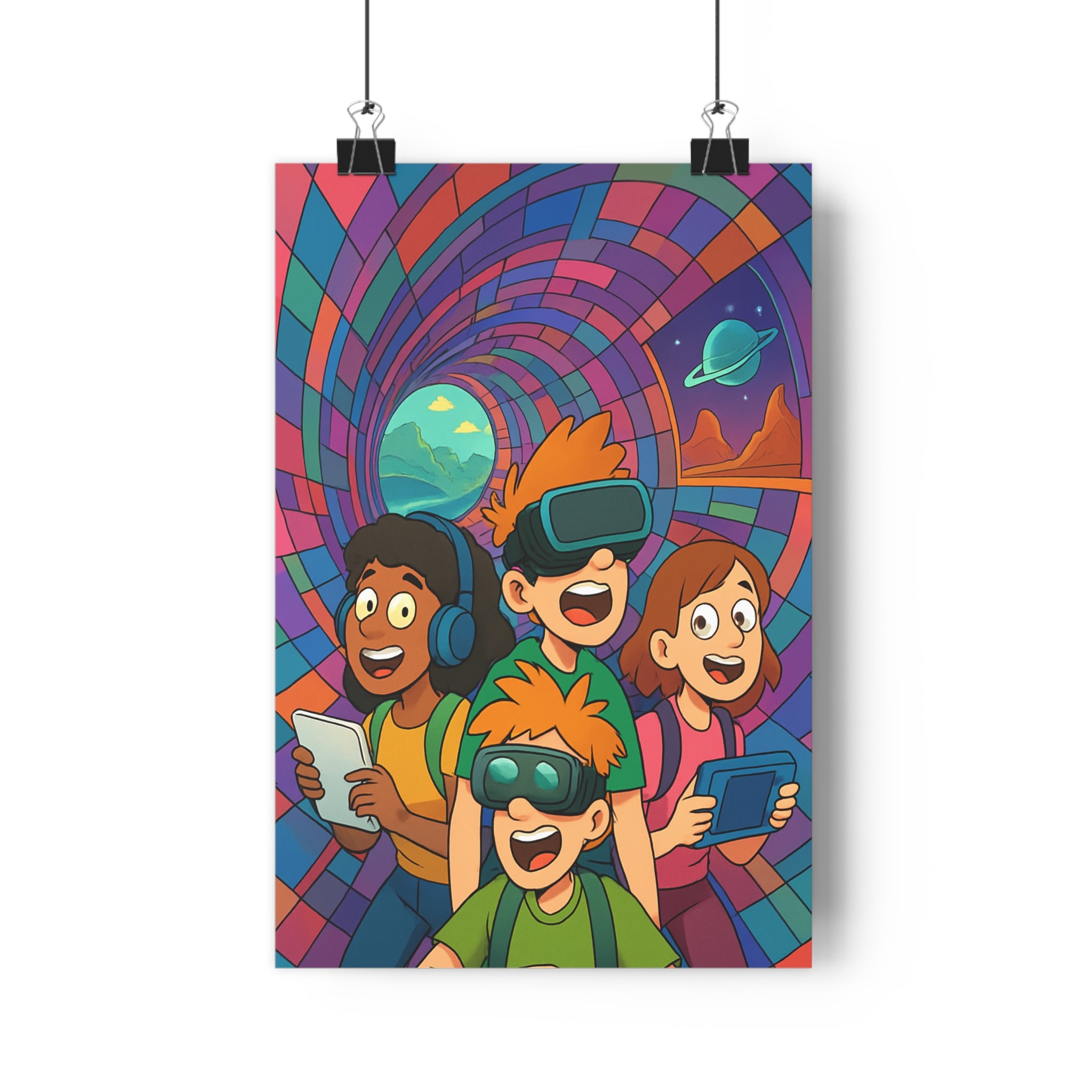 Poster décoratif moderne vibrant couleurs vives aventure enfants futuriste casque réalité virtuelle chambre qualité