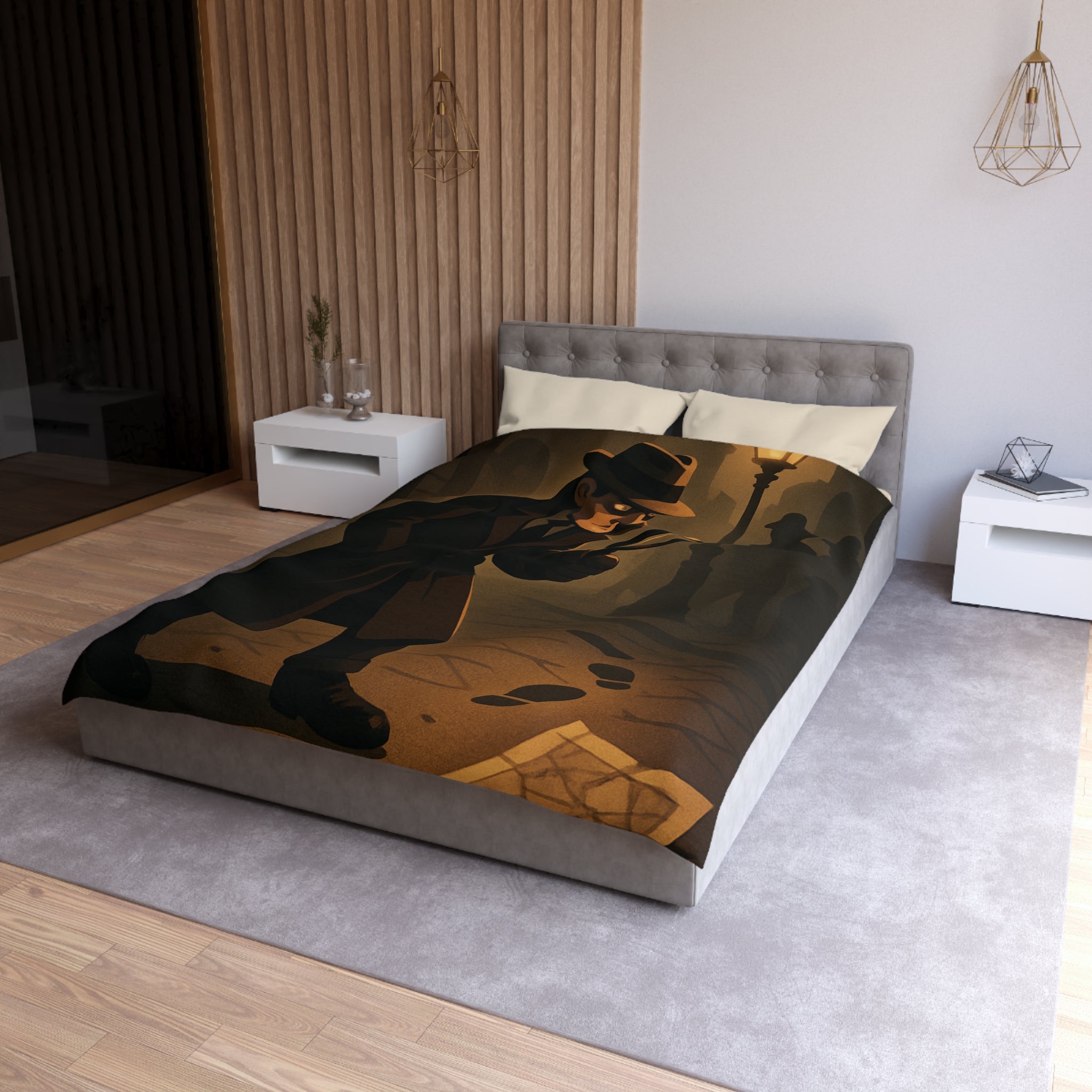 Housse de couette mystérieuse détective sombre rue nocturne silhouette investigation piste intrigante