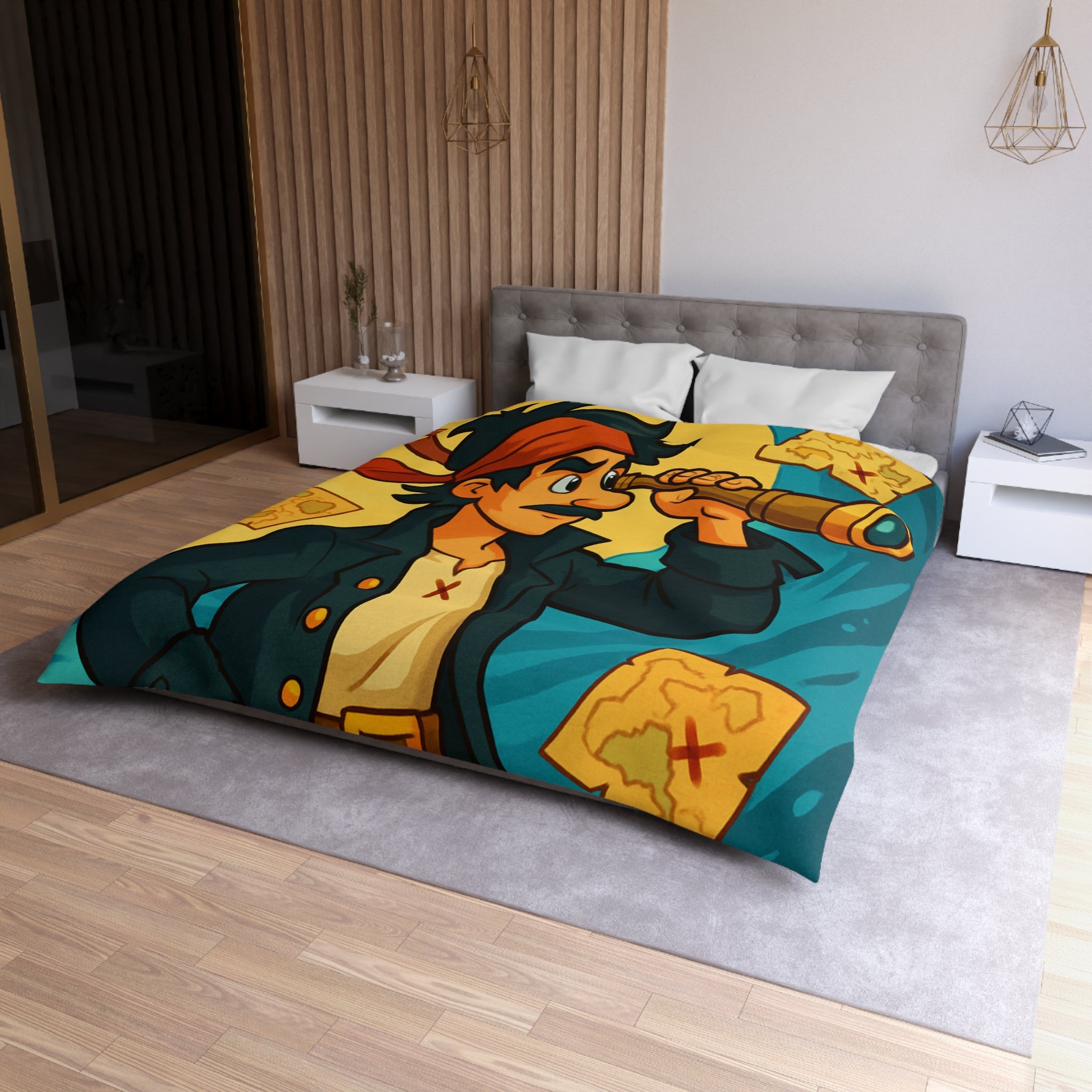Housse de Couette Pirate pour Chambre Adulte avec Carte Trésor et Vagues Océaniques