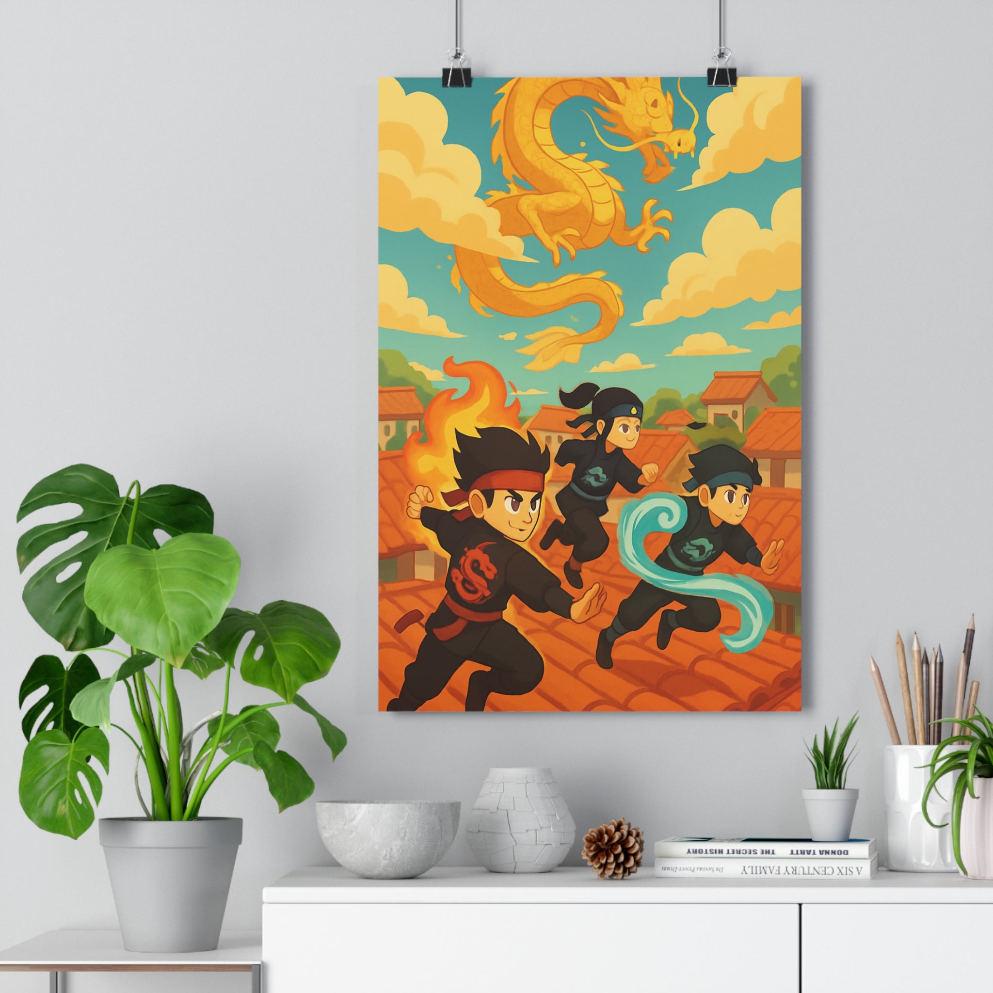 Poster décoratif anime dynamique coloré rouge bleu jaune aventure fantastique chambre salon enfant ninja